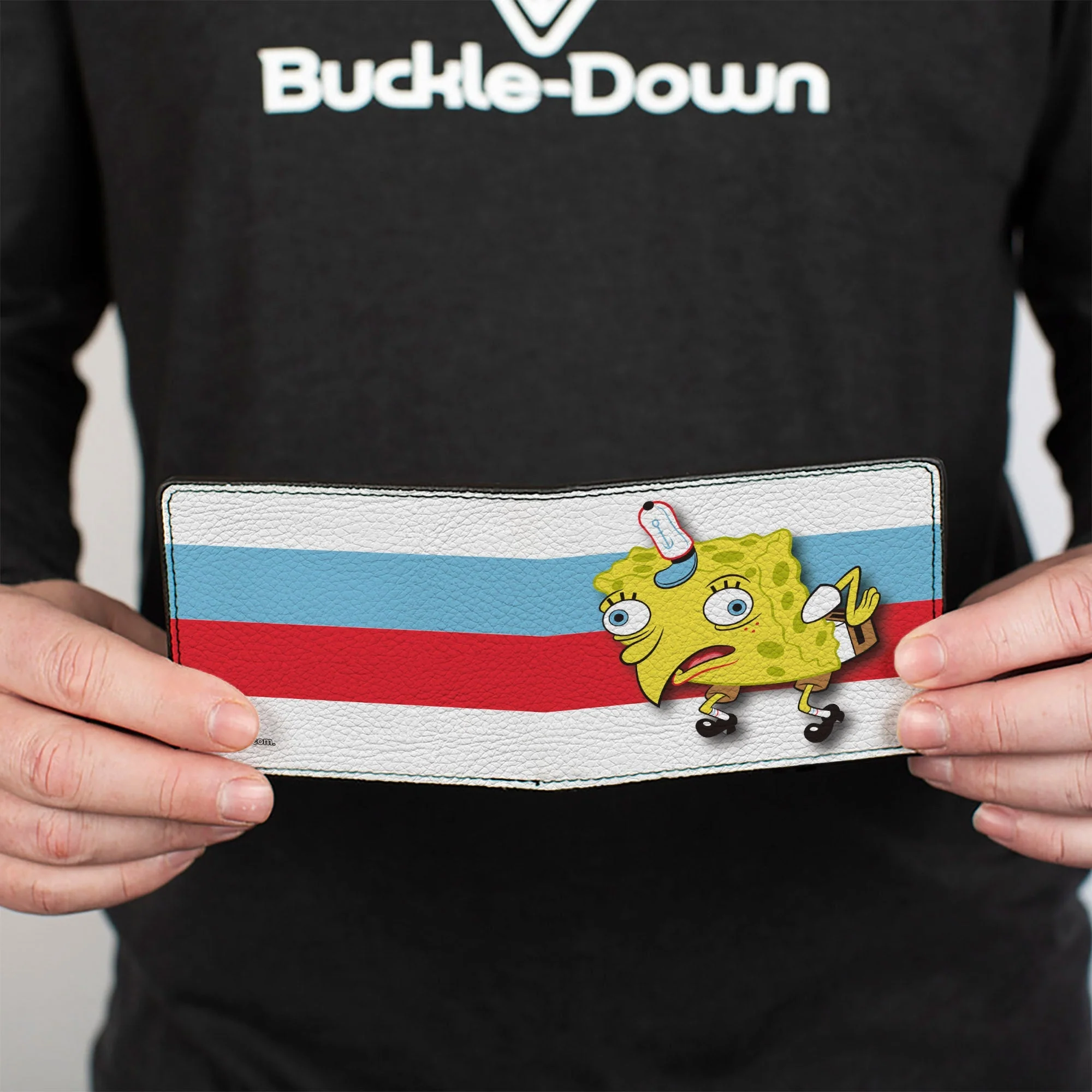 SpongeBob SquarePants Bi-Fold Wallet Mocking SpongeBob Pose Stripe Vegan Leather White Black Red Blue - Image 4