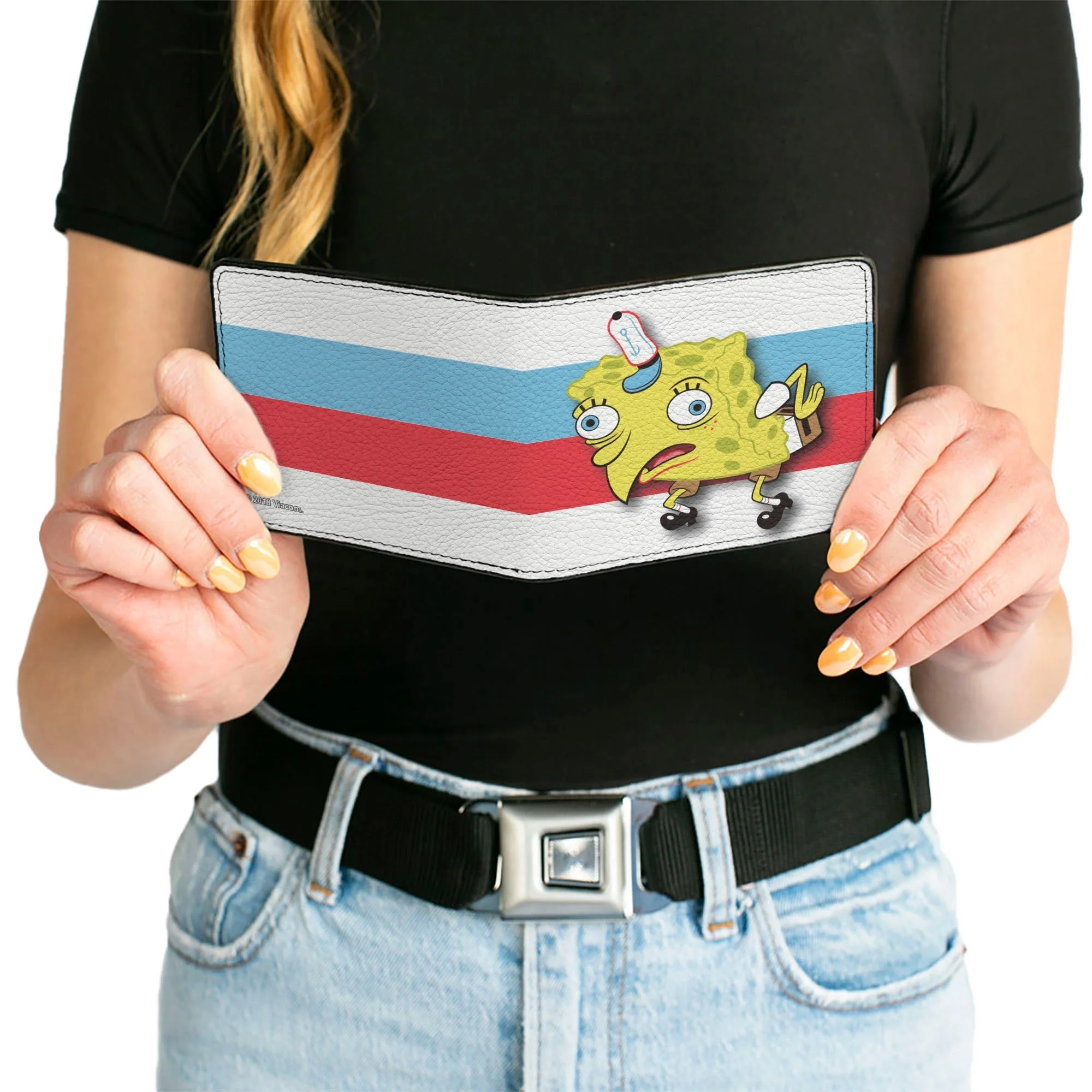 SpongeBob SquarePants Bi-Fold Wallet Mocking SpongeBob Pose Stripe Vegan Leather White Black Red Blue - Image 6