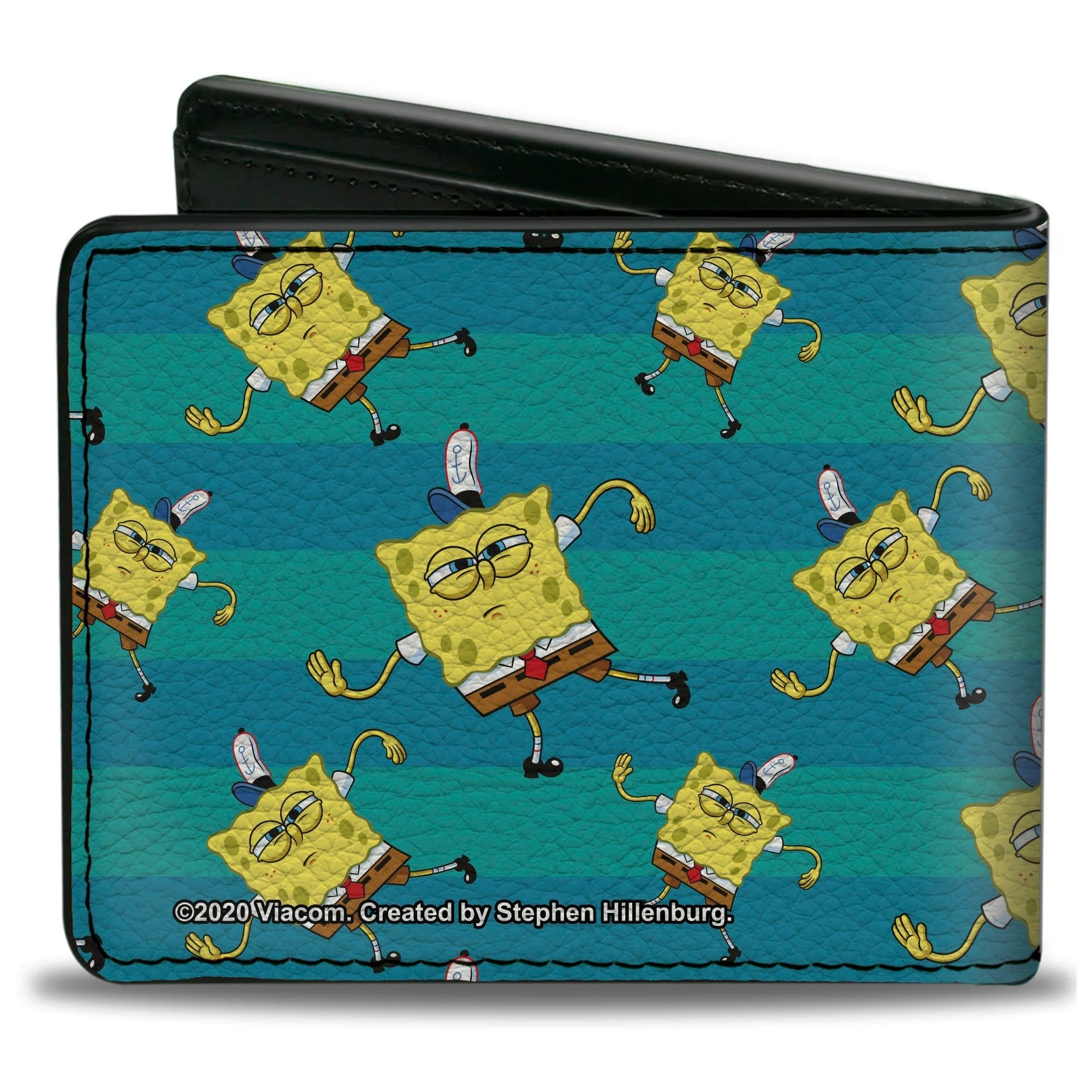 SpongeBob Bi-Fold Wallet Dancing Pose Scattered Stripe Vegan Leather Teal Blues - Image 2