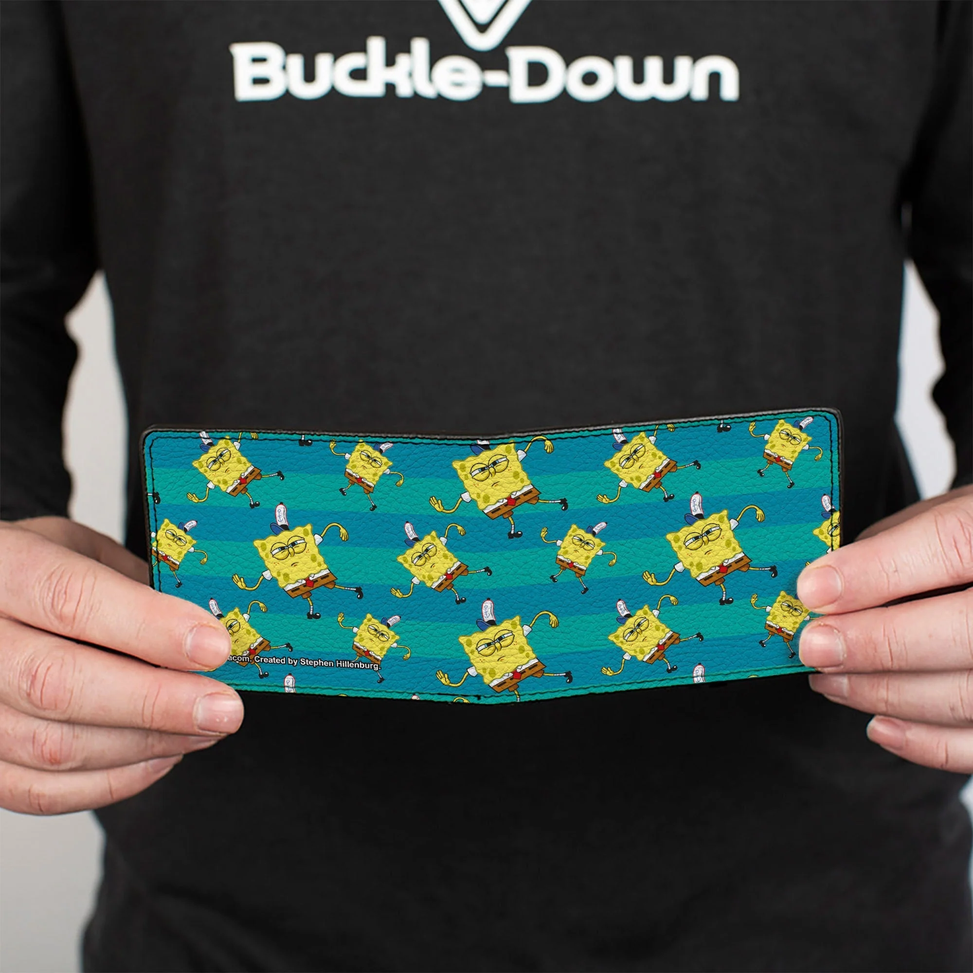 SpongeBob Bi-Fold Wallet Dancing Pose Scattered Stripe Vegan Leather Teal Blues - Image 4