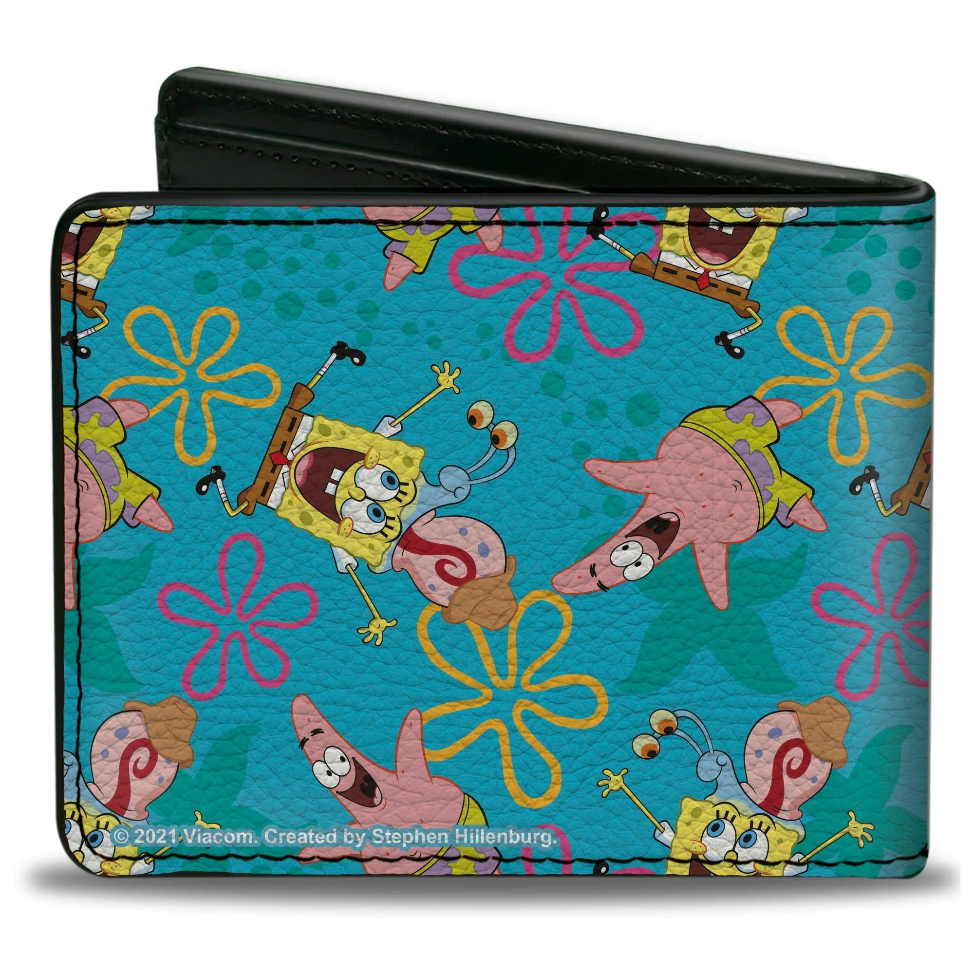 SpongeBob SquarePants Bi-Fold Wallet Patrick and Gary Joy Poses Flowers Scattered Blue Vegan Leather - Image 2