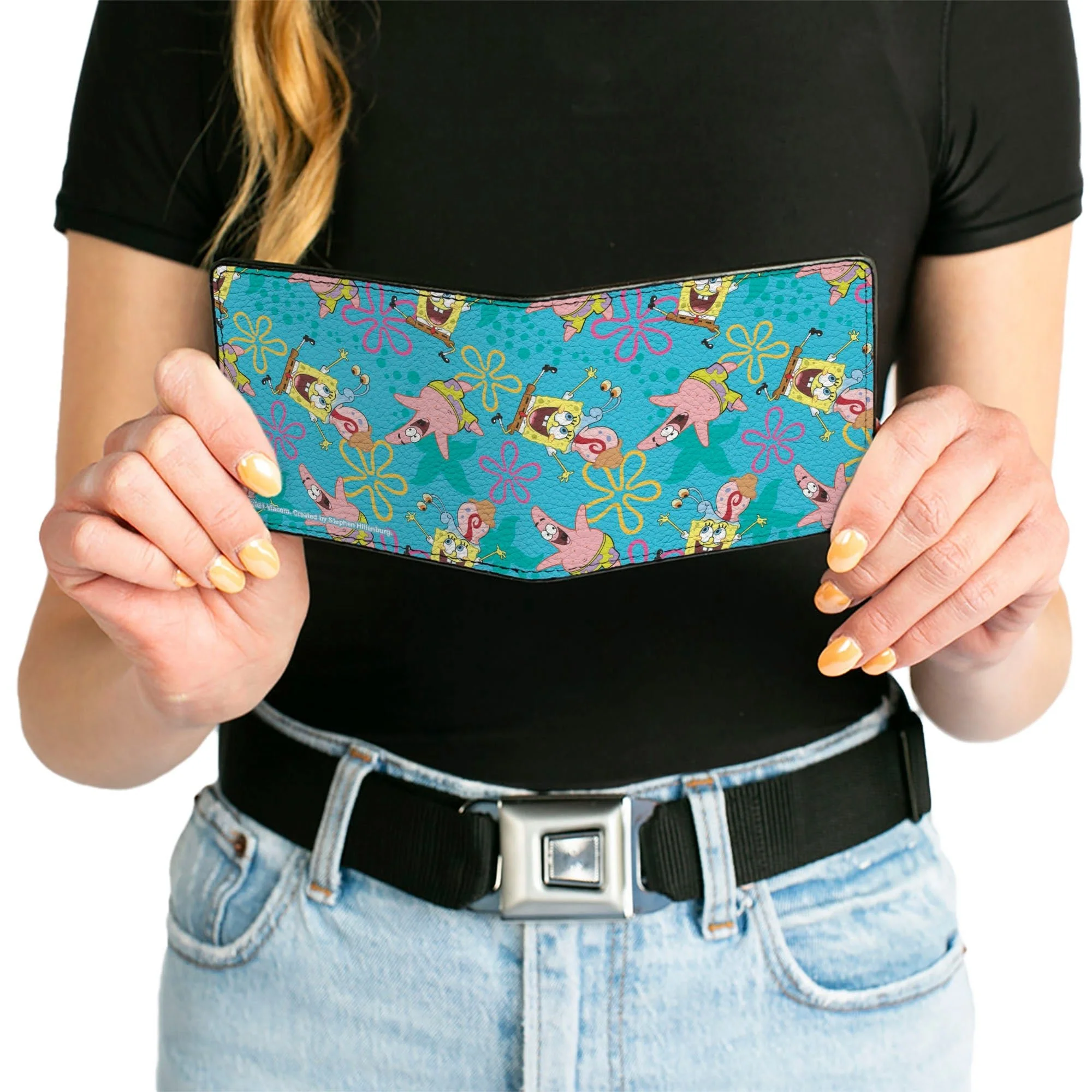 SpongeBob SquarePants Bi-Fold Wallet Patrick and Gary Joy Poses Flowers Scattered Blue Vegan Leather - Image 6