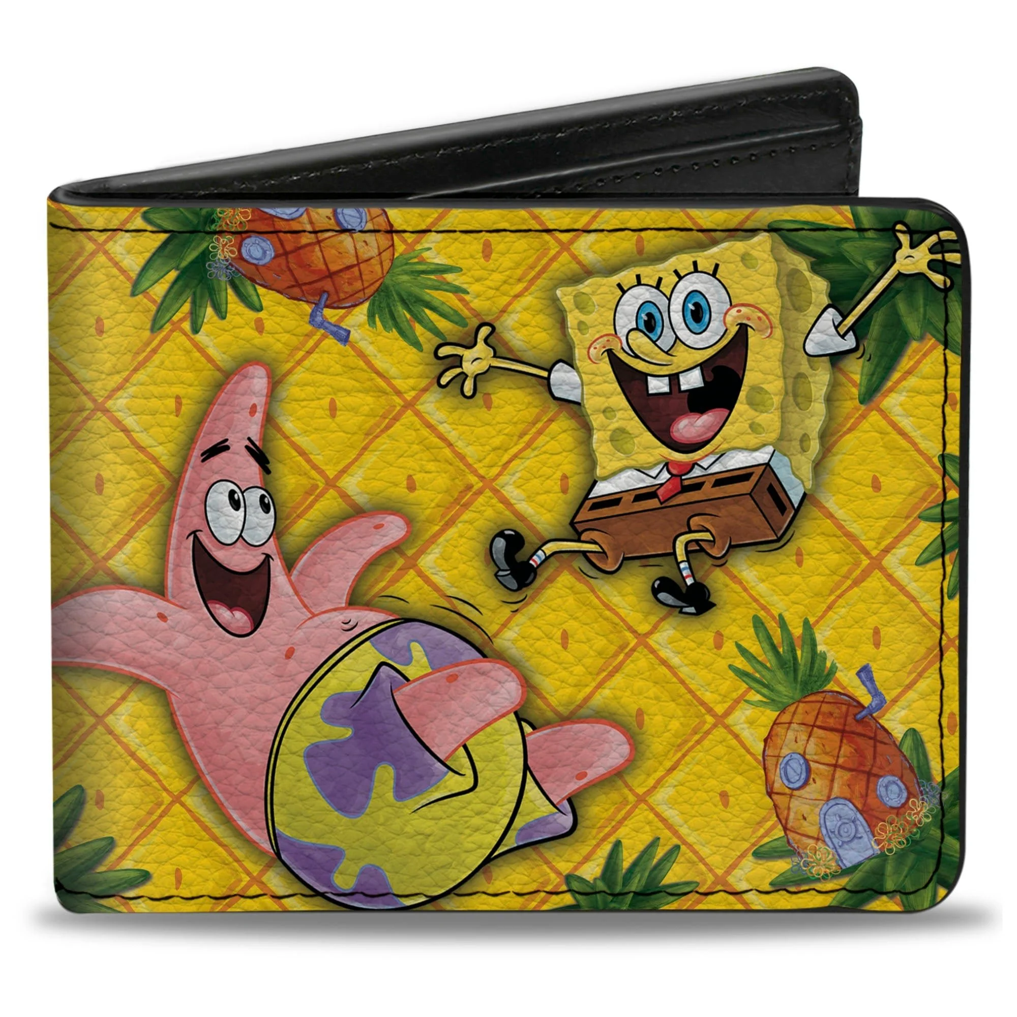 SpongeBob SquarePants Bi-Fold Wallet SpongeBob & Patrick Starfish Pose Pineapple Gold Vegan Leather.