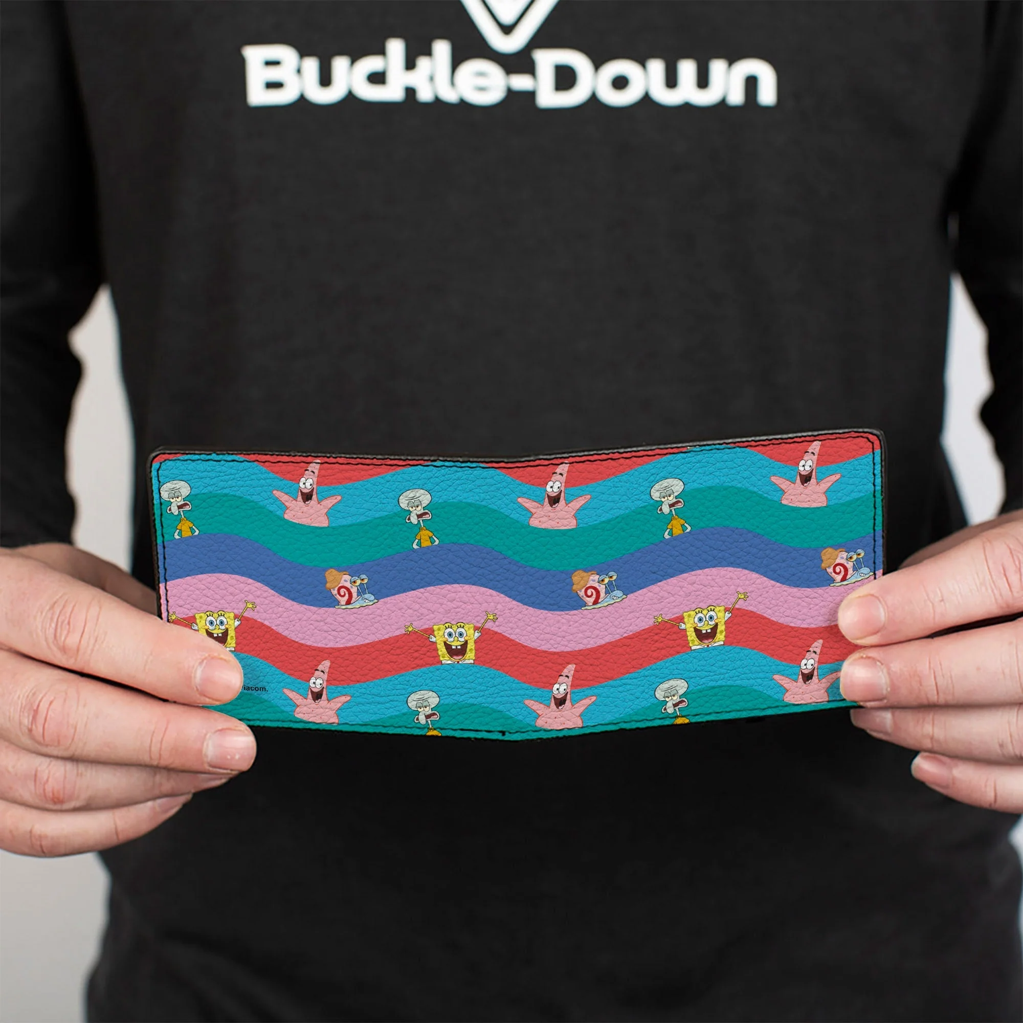 SpongeBob SquarePants Bi-Fold Wallet Friends Poses Wavy Stripe Blue Red - Image 4