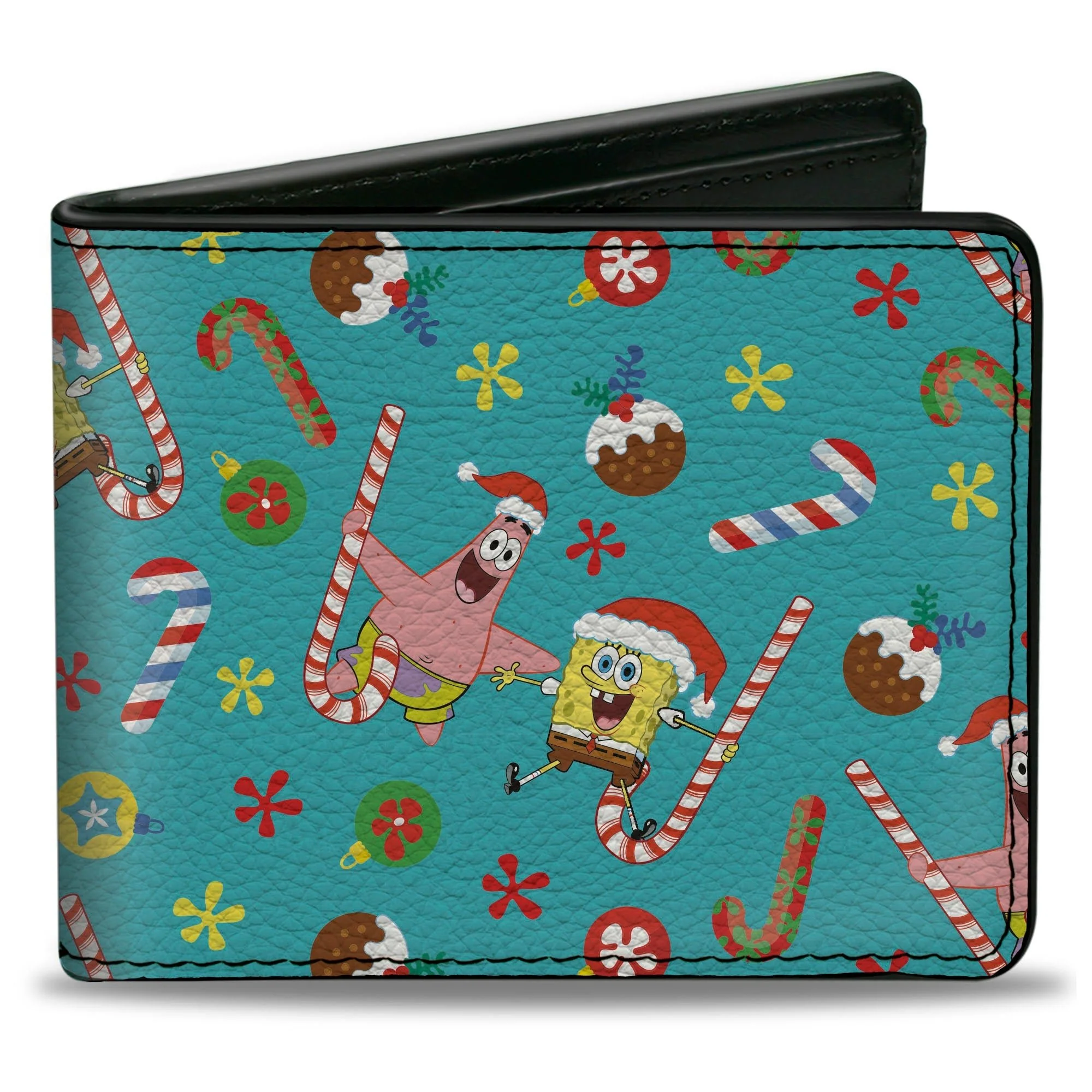 SpongeBob SquarePants Bi-Fold Wallet Holiday Treats Christmas Collage Men's Vegan Leather Turquoise