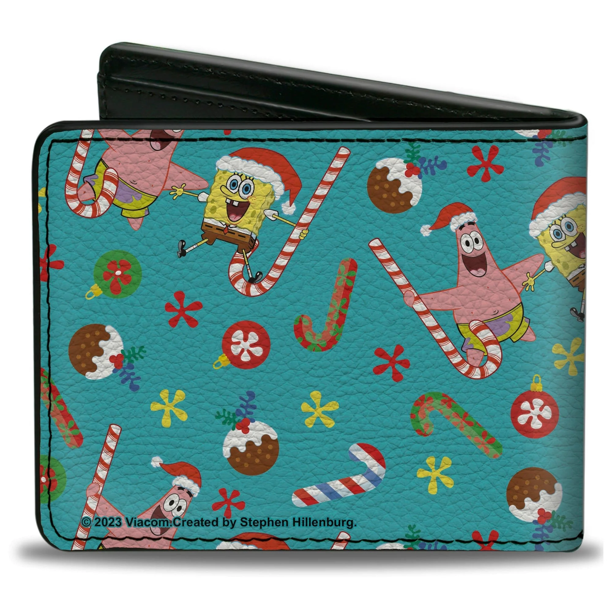 SpongeBob SquarePants Bi-Fold Wallet Holiday Treats Christmas Collage Men's Vegan Leather Turquoise - Image 2