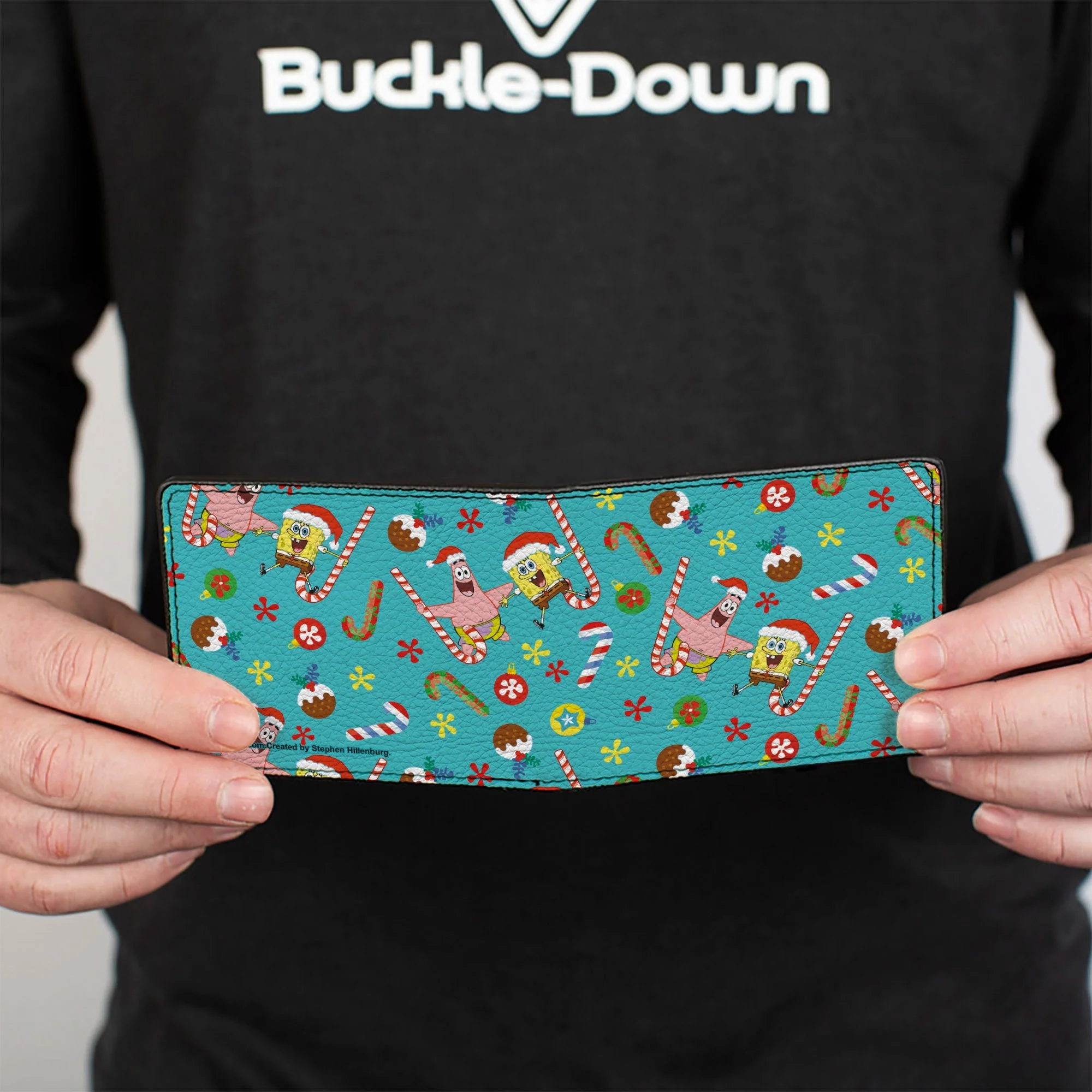 SpongeBob SquarePants Bi-Fold Wallet Holiday Treats Christmas Collage Men's Vegan Leather Turquoise - Image 4