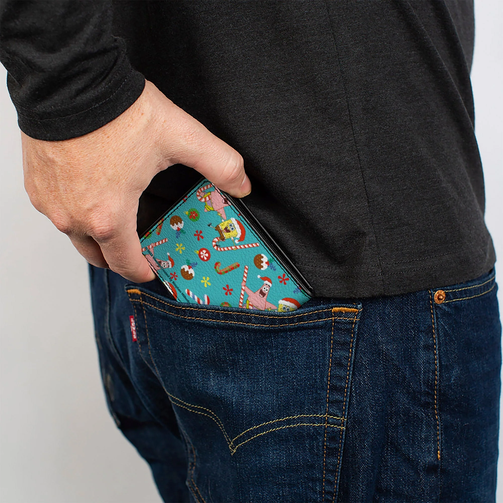 SpongeBob SquarePants Bi-Fold Wallet Holiday Treats Christmas Collage Men's Vegan Leather Turquoise - Image 5