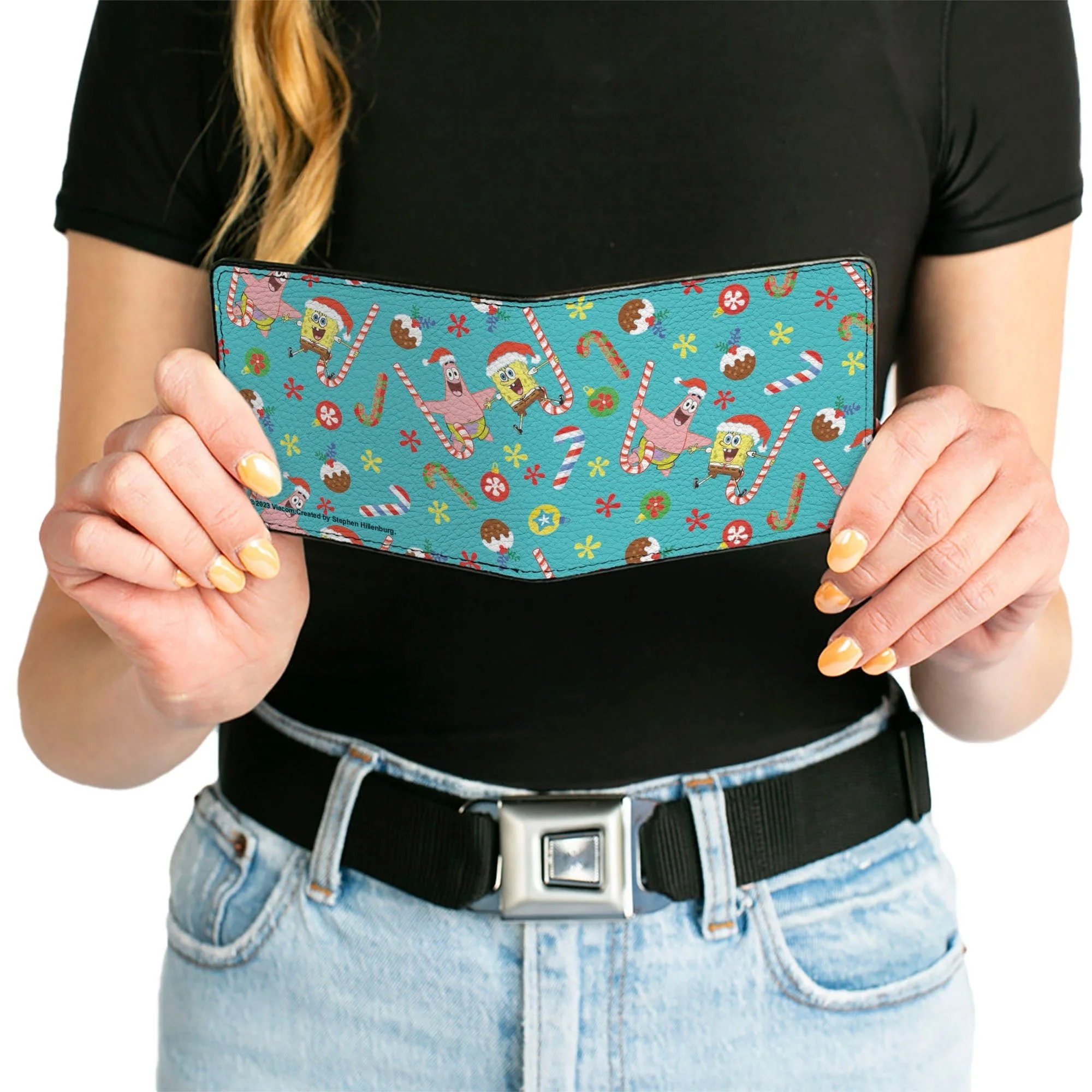 SpongeBob SquarePants Bi-Fold Wallet Holiday Treats Christmas Collage Men's Vegan Leather Turquoise - Image 6