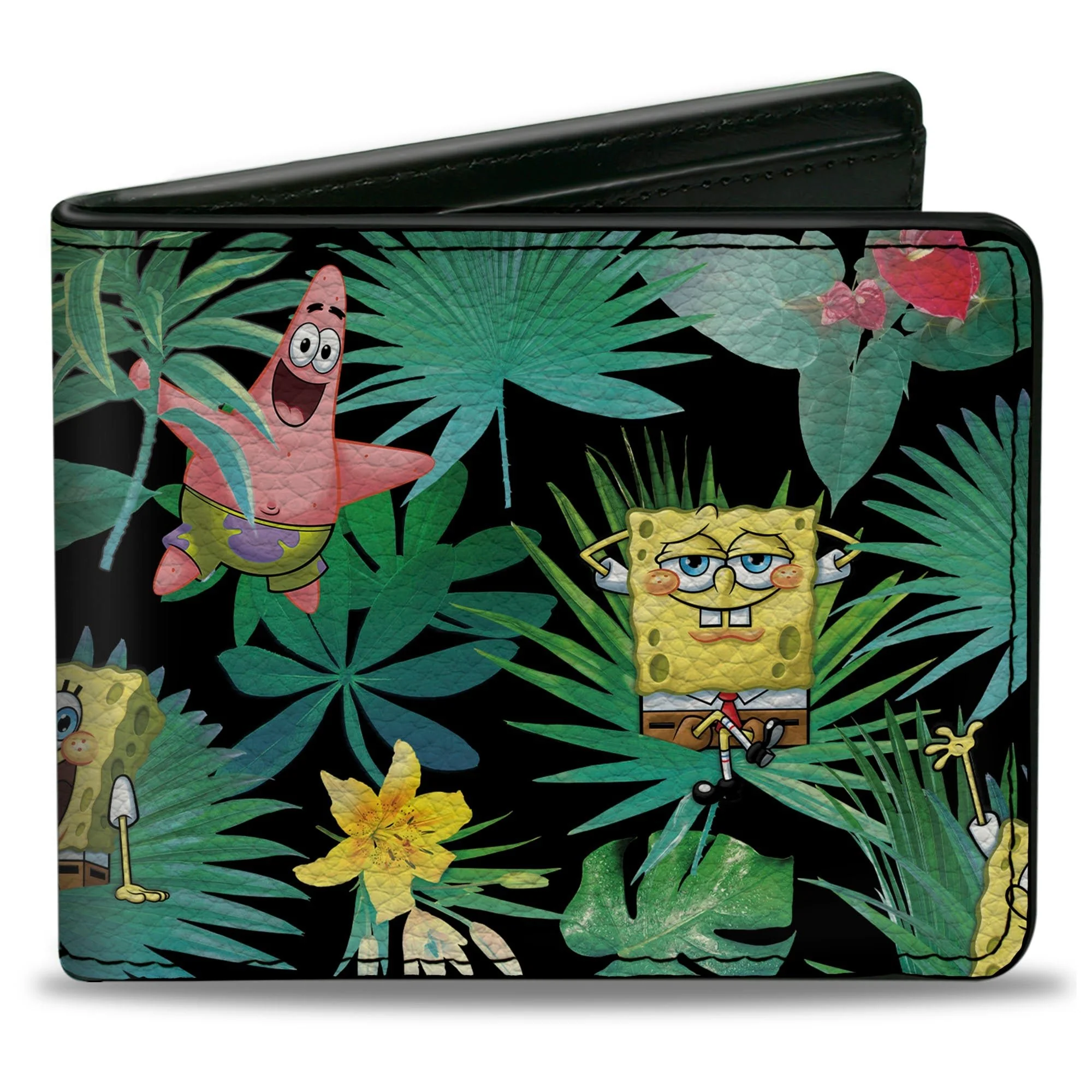 SpongeBob Squarepants and Patrick Starfish Bi-Fold Wallet Tropical Fauna Collage Vegan Leather Black