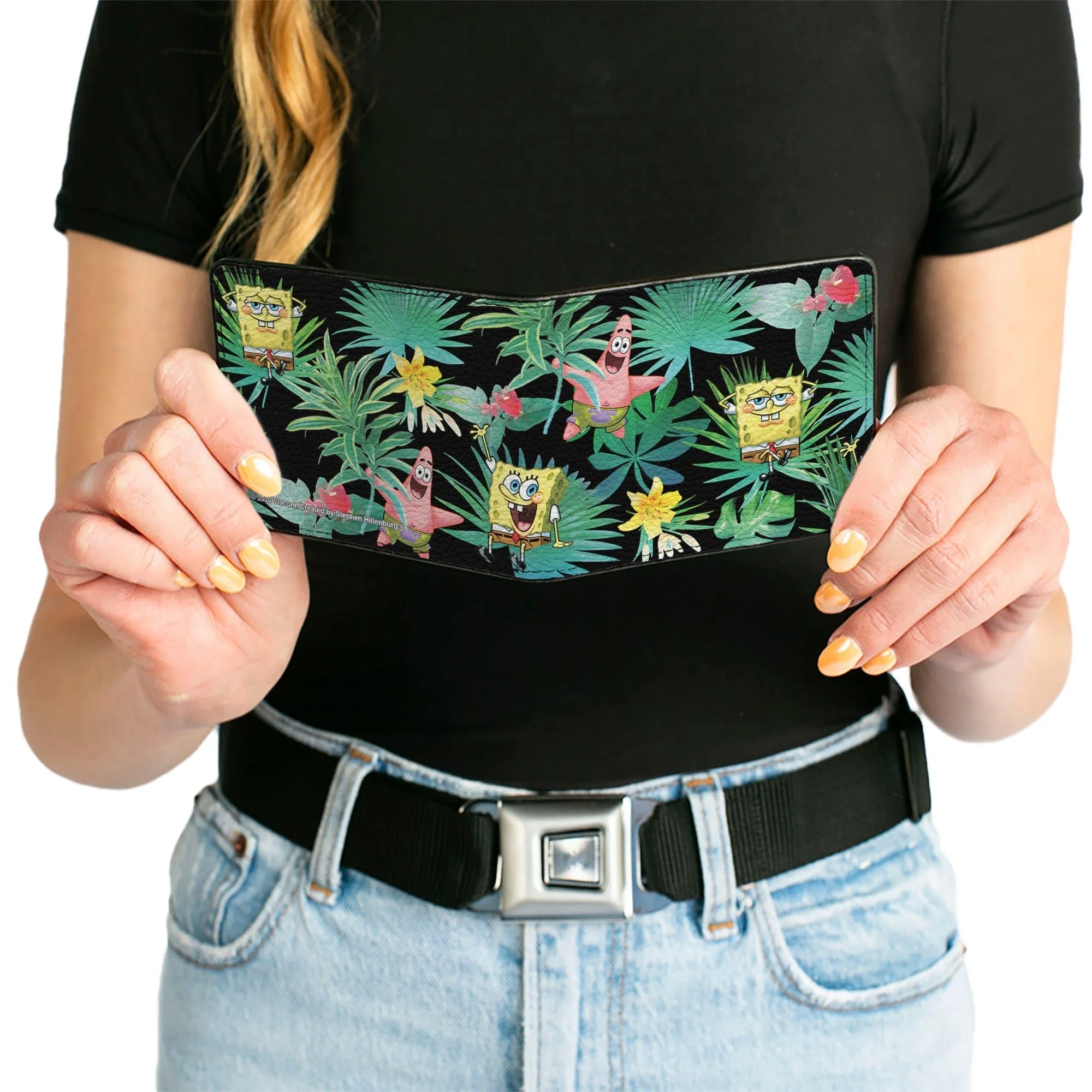 SpongeBob Squarepants and Patrick Starfish Bi-Fold Wallet Tropical Fauna Collage Vegan Leather Black - Image 6