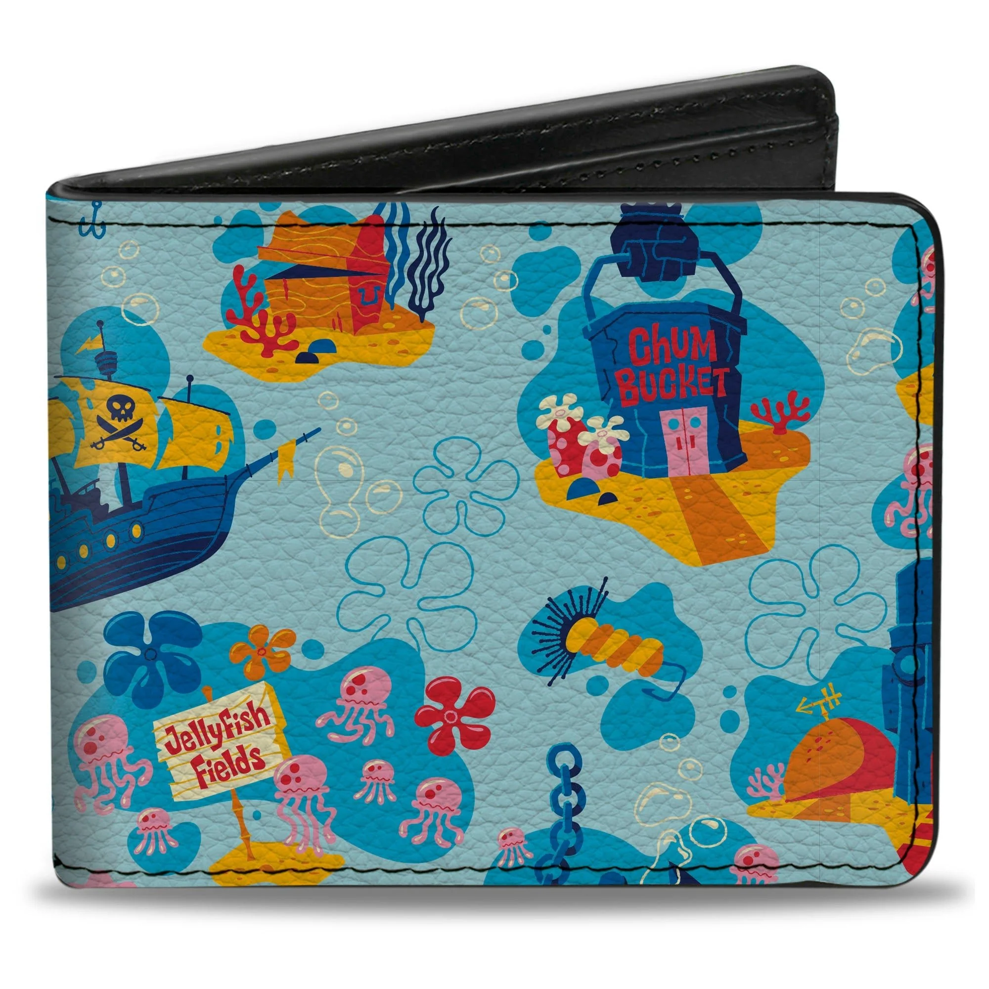 SpongeBob SquarePants Bi-Fold Wallet Under the Sea Icons Collage Premium Vegan Leather Blues