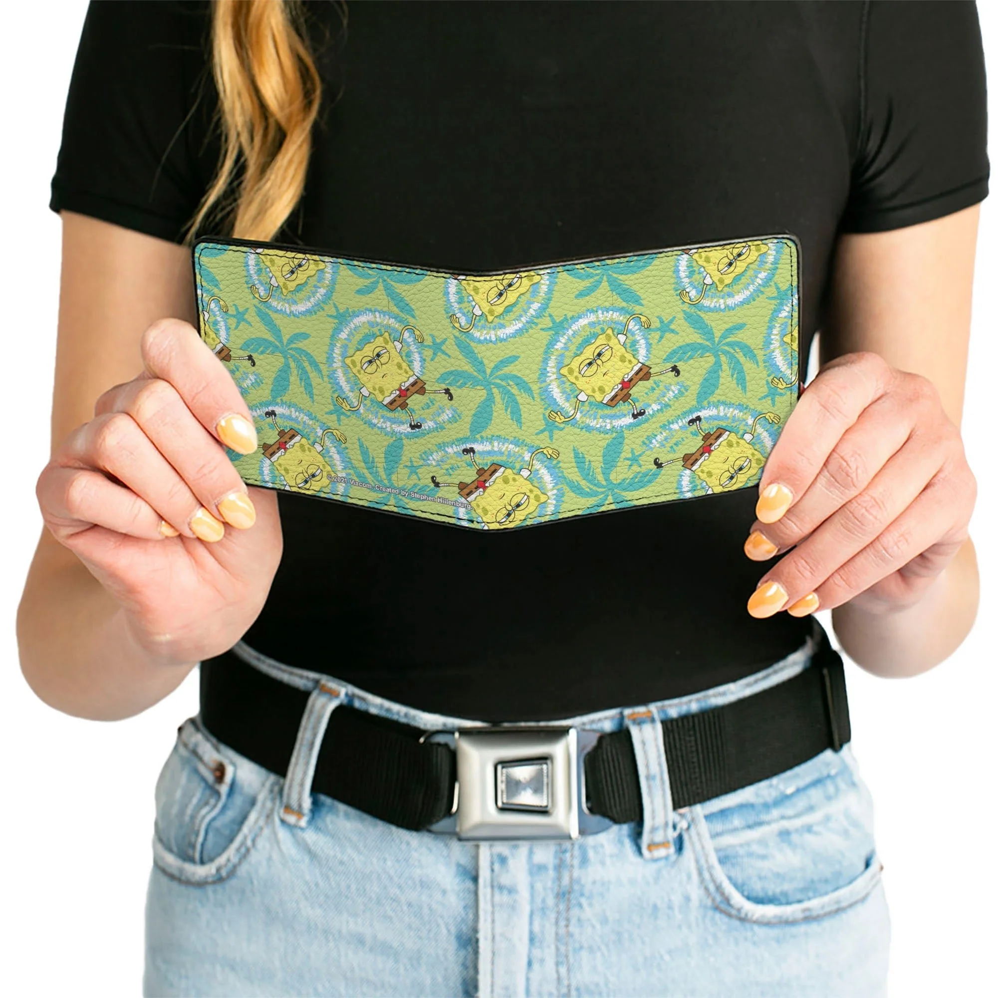 SpongeBob SquarePants Bi-Fold Wallet Wavy Noodle Arm Pose Tropical Tie Dye Green Blue White - Image 6