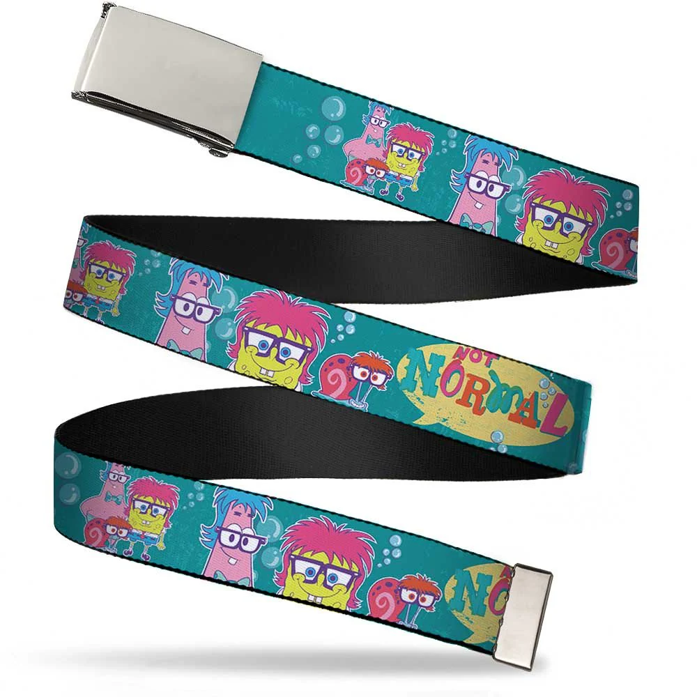 SpongeBob SquarePants Web Belt NOT NORMAL Design with Patrick, SpongeBob, and Gary Aqua Chrome Buckle
