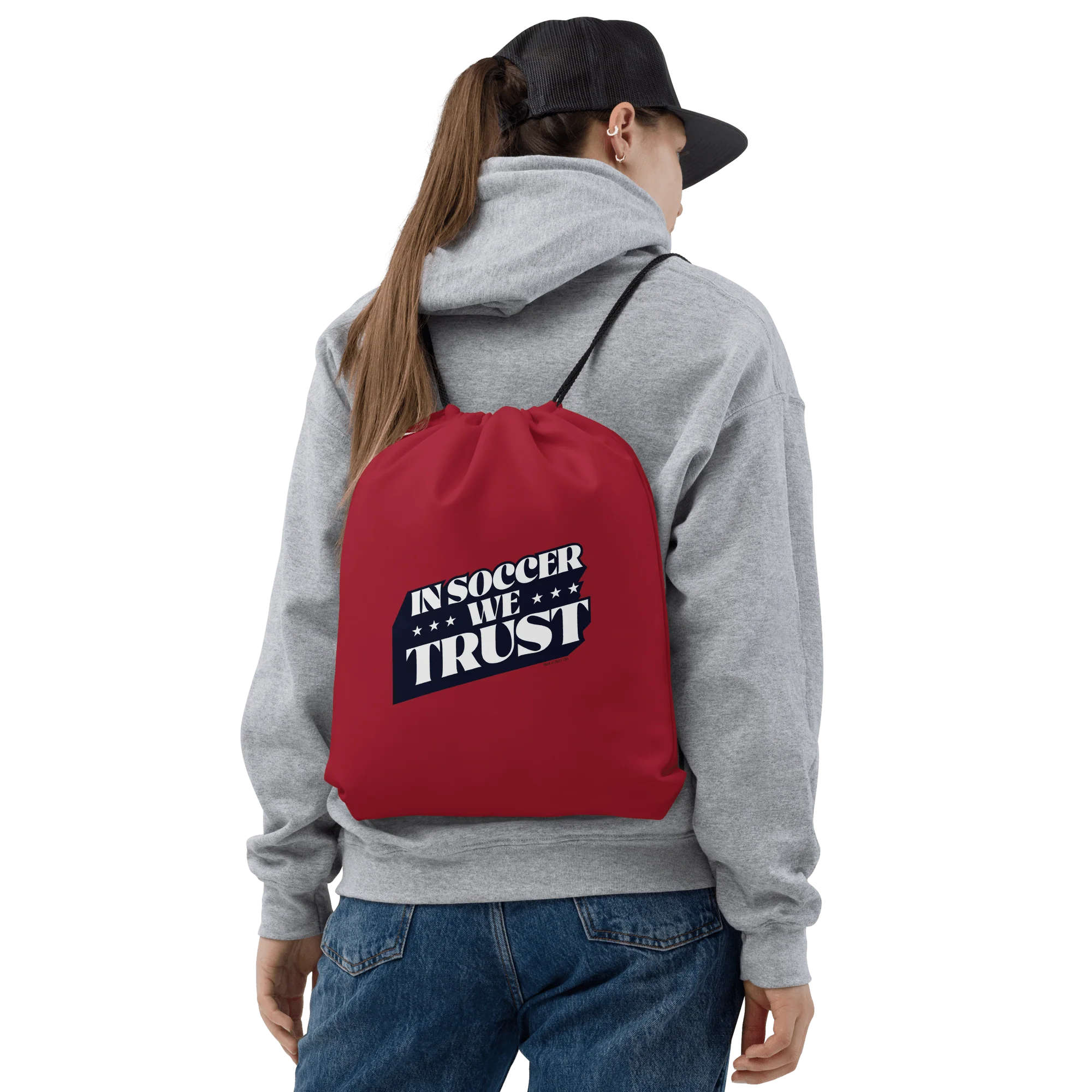 In Soccer We Trust Podcast Logo Drawstring Bag - Image 2
