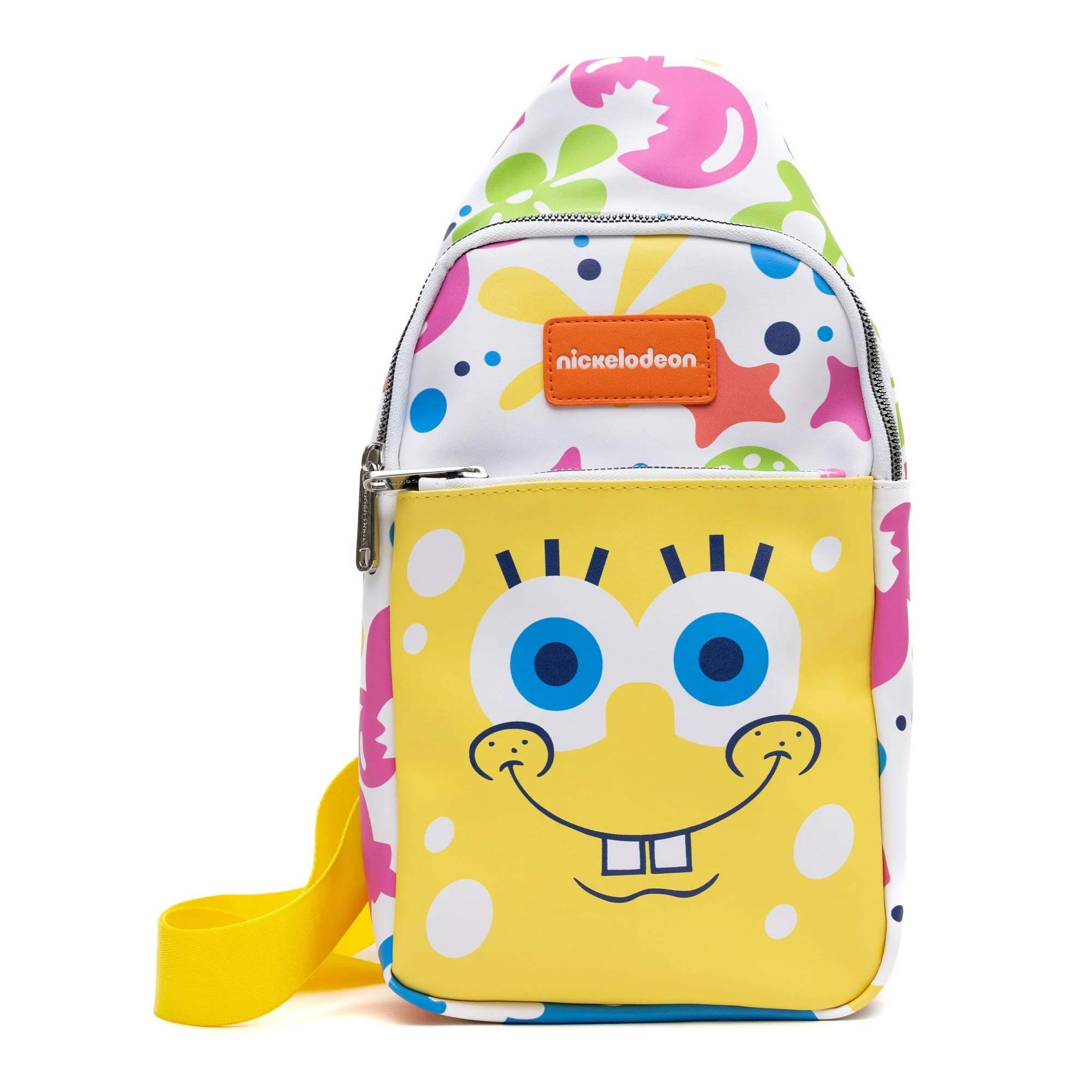 SpongeBob SquarePants Crossbody Sling Bag Smiling Character Close Up and Icons Vegan Leather 7" x 14"