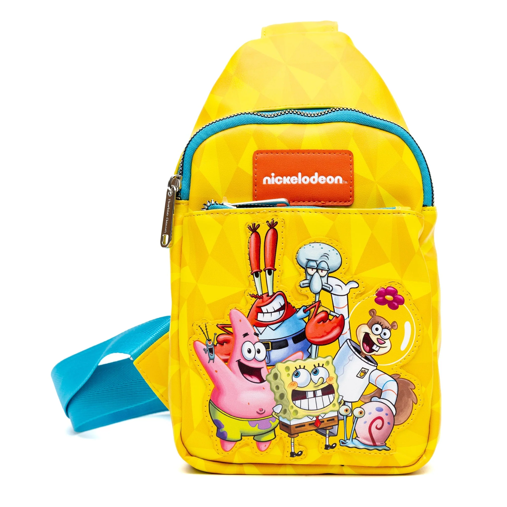 Nickelodeon SpongeBob SquarePants Crossbody Sling Bag SpongeBob and Friends Pose Applique Vegan Leather Adjustable Straps Yellow