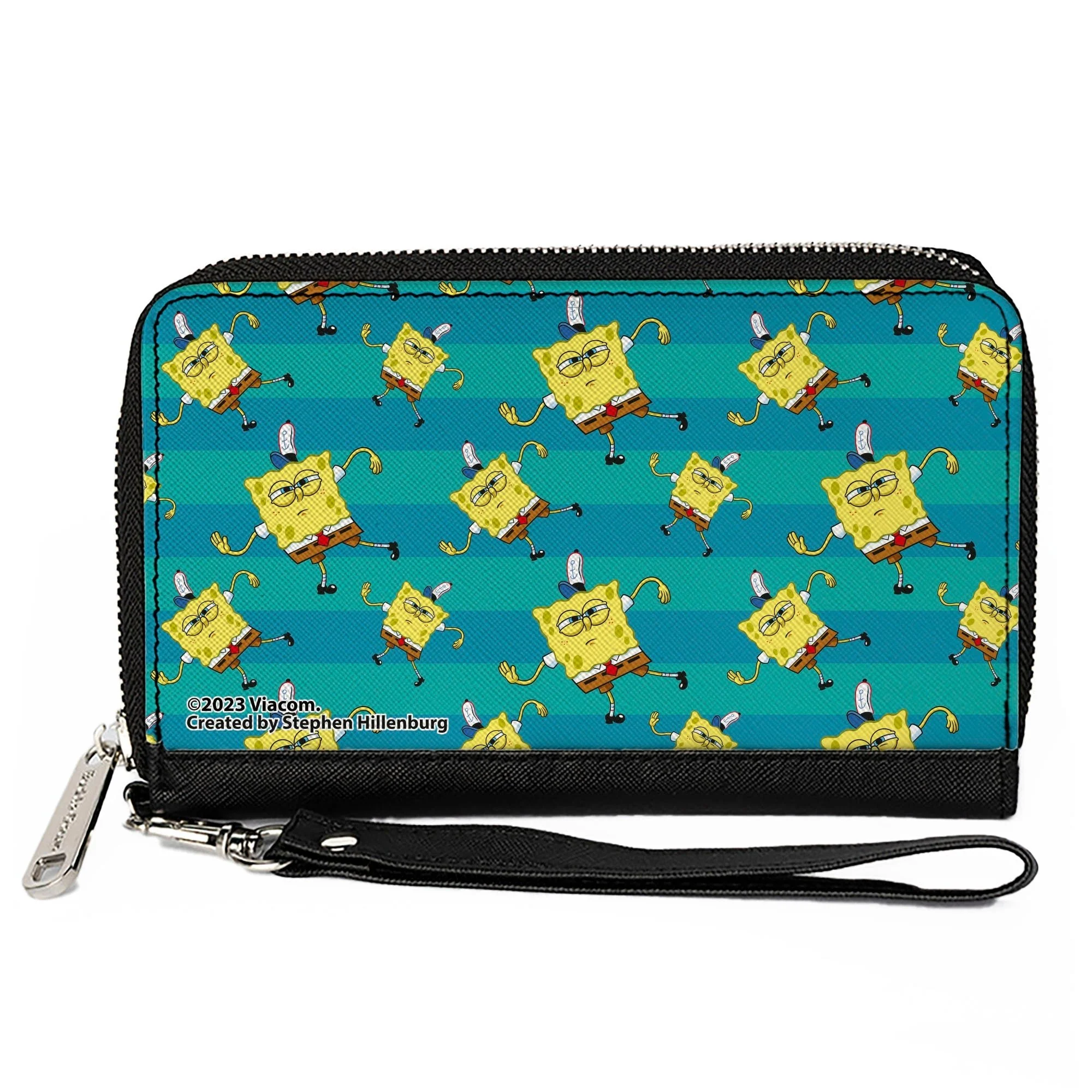 SpongeBob SquarePants Zip Around Wallet Dancing Pose Scattered Stripe Teal Blues