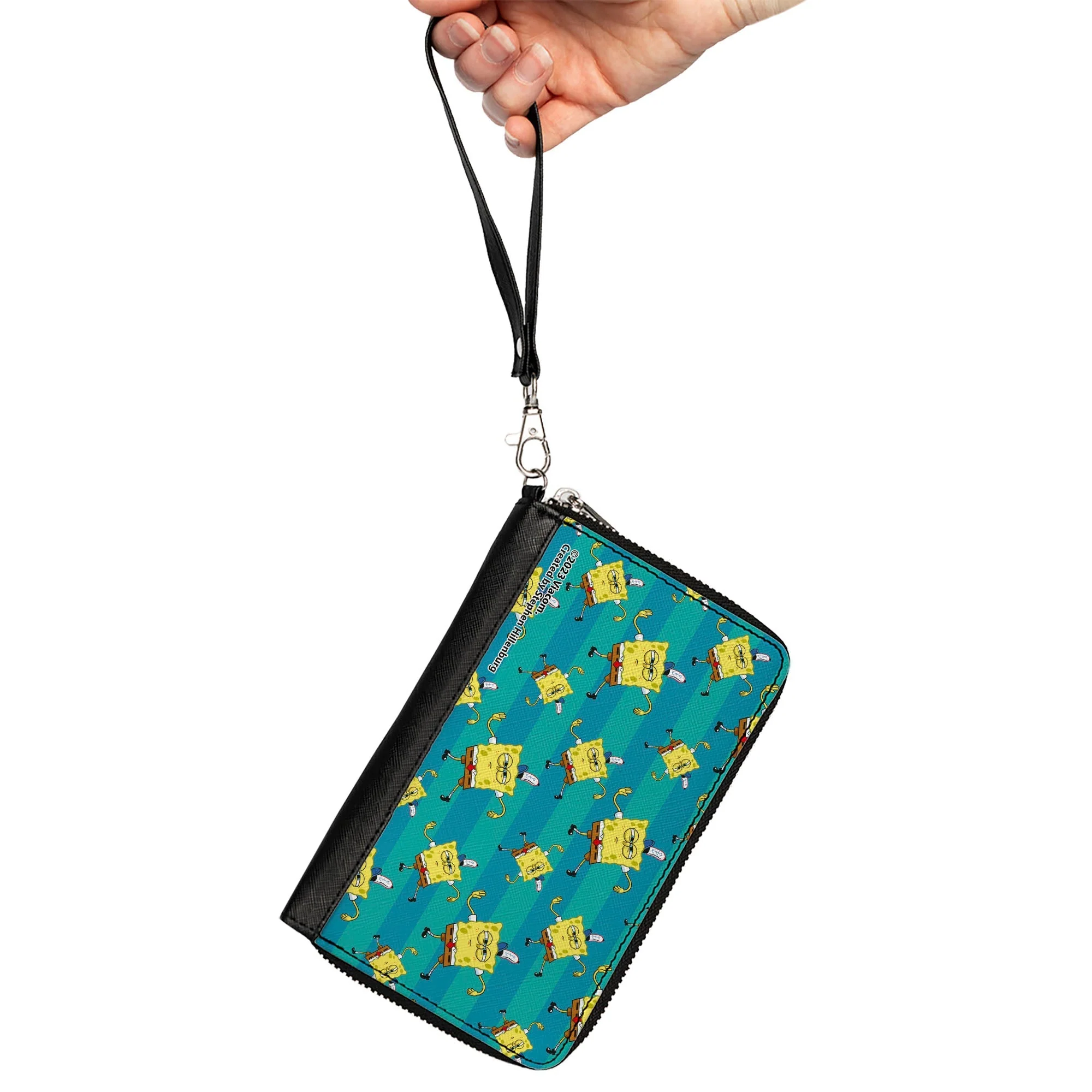 SpongeBob SquarePants Zip Around Wallet Dancing Pose Scattered Stripe Teal Blues - Image 2