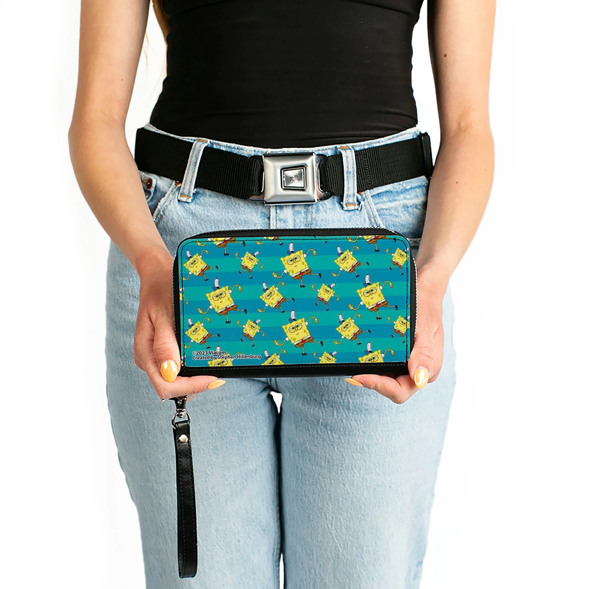 SpongeBob SquarePants Zip Around Wallet Dancing Pose Scattered Stripe Teal Blues - Image 3
