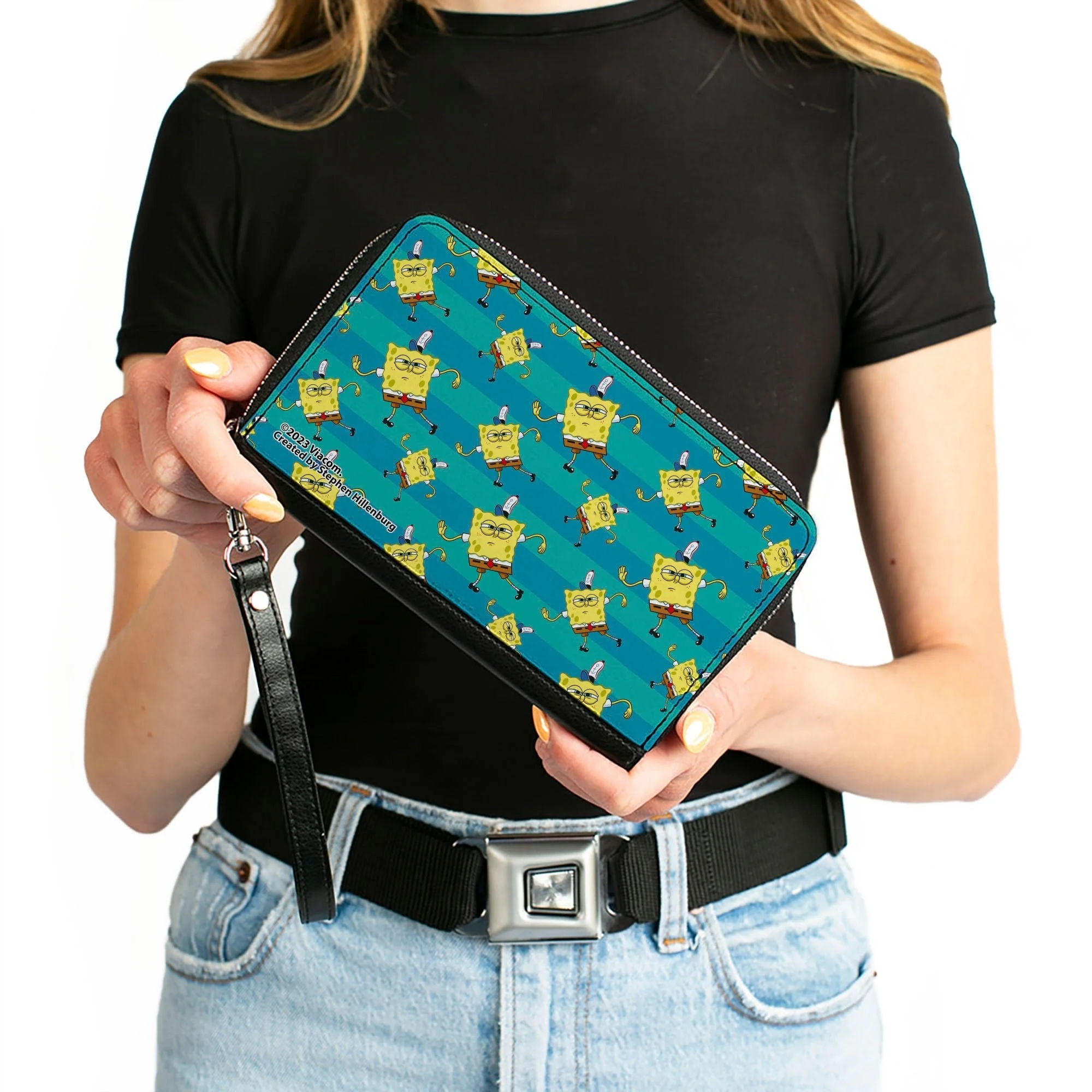 SpongeBob SquarePants Zip Around Wallet Dancing Pose Scattered Stripe Teal Blues - Image 4
