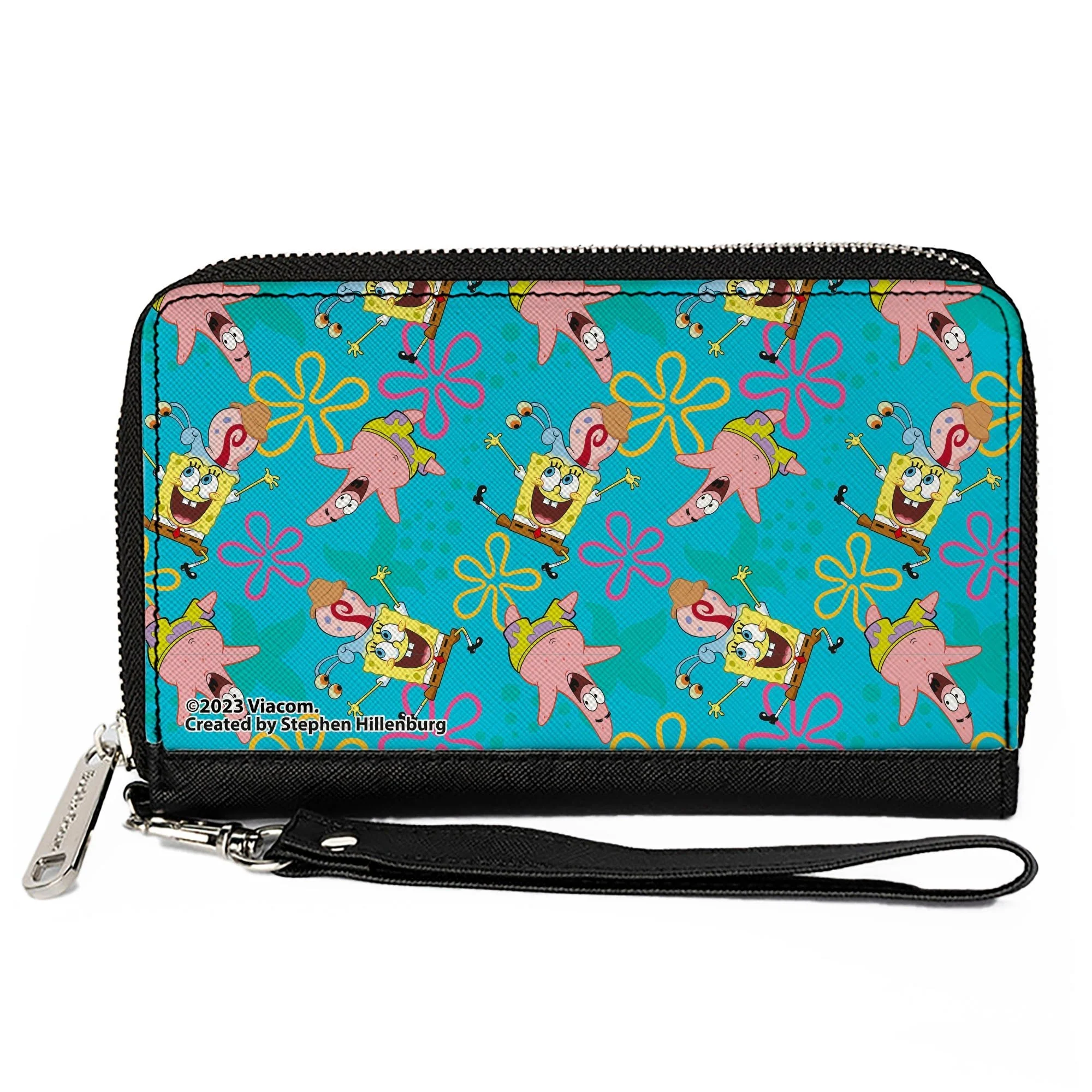 SpongeBob SquarePants Wallet Patrick and Gary Joy Poses and Flowers Blue Vegan Leather Zip Around