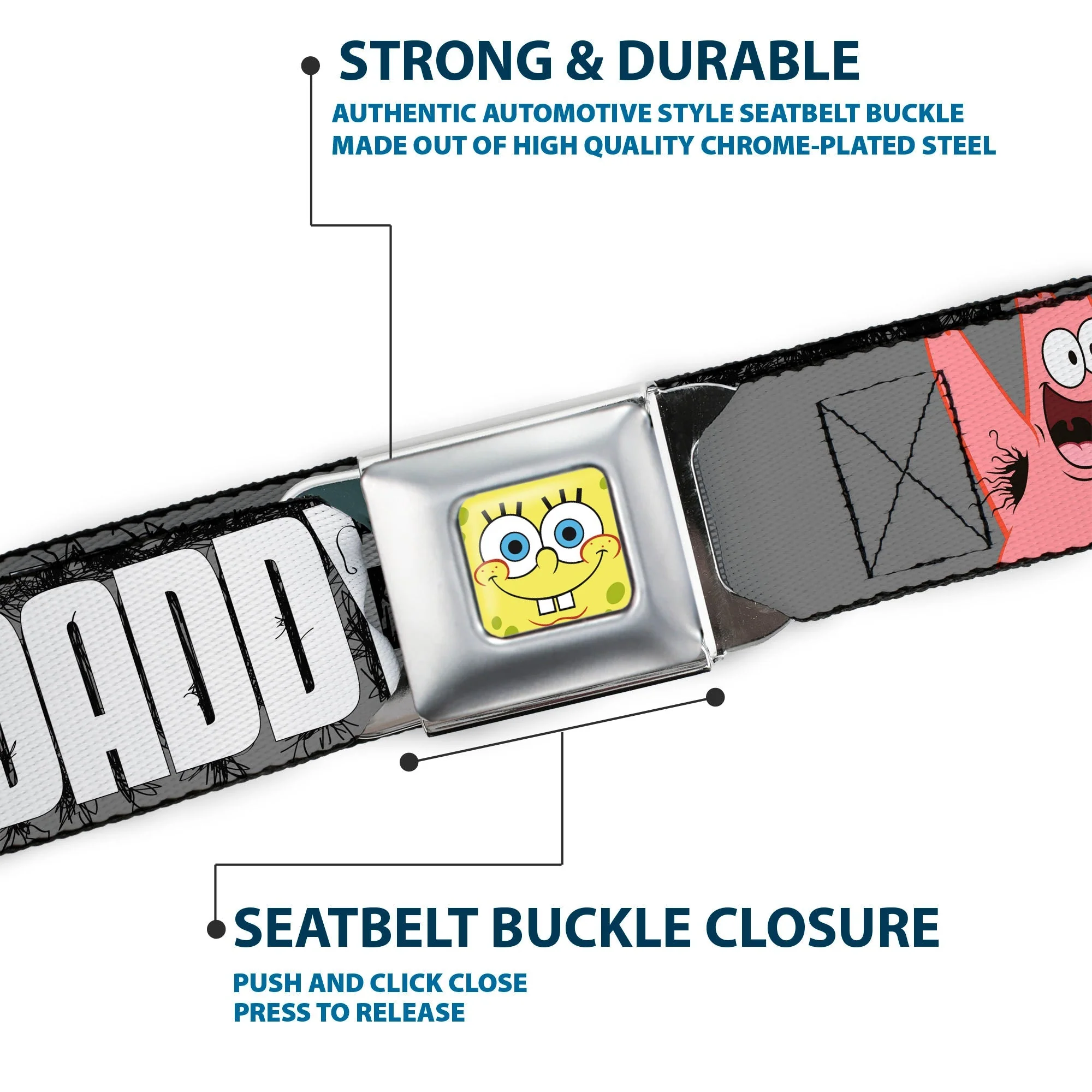 SpongeBob SquarePants Seatbelt Belt SpongeBob & Patrick Faces Full Color Gray/Black/White. - Image 7