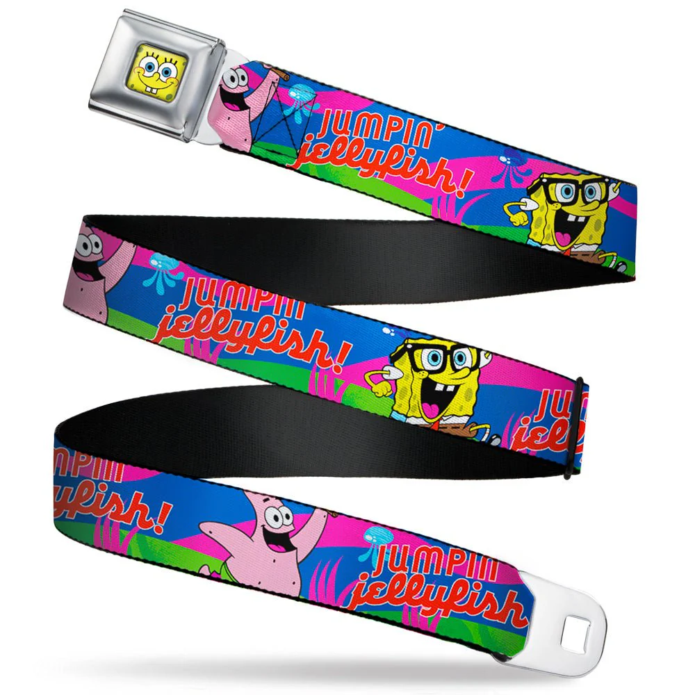 SpongeBob SquarePants Seatbelt Belt SpongeBob Face Close-Up & Patrick Jellyfish Run Multi-Color Red Webbing Adult