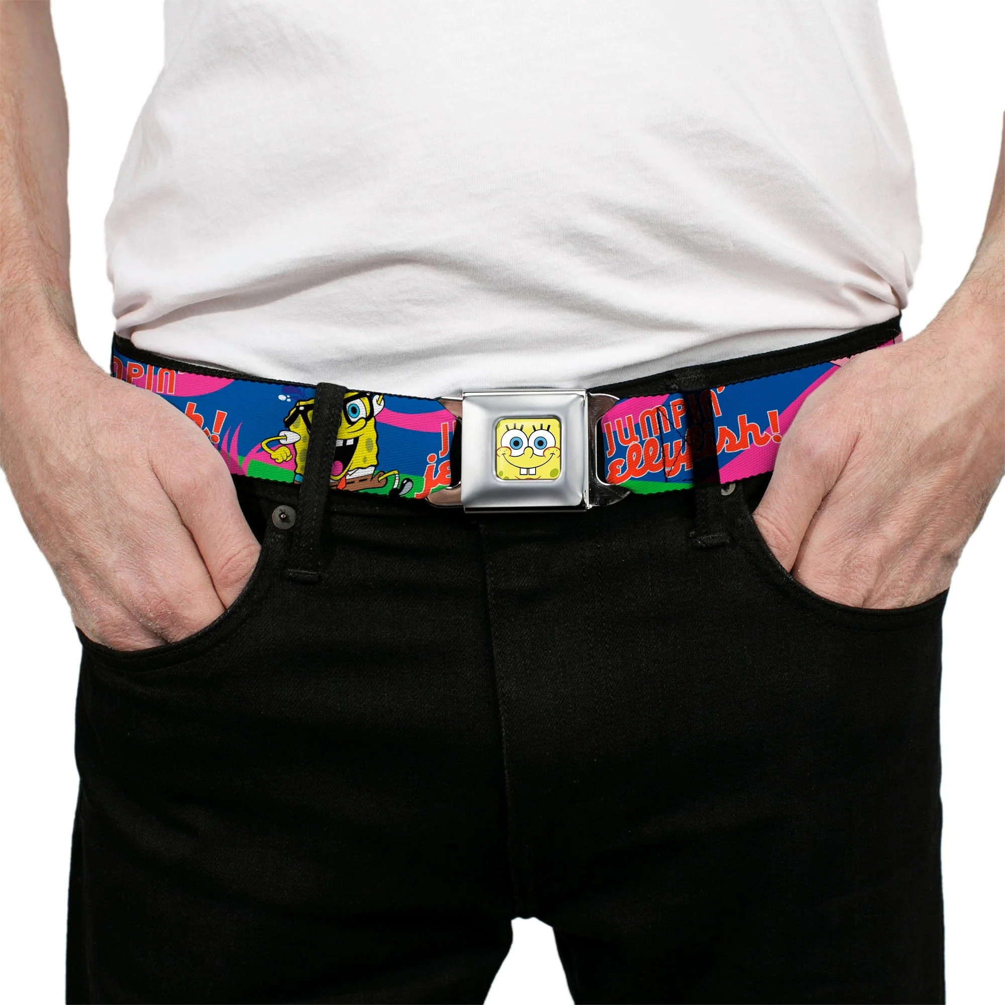 SpongeBob SquarePants Seatbelt Belt SpongeBob Face Close-Up & Patrick Jellyfish Run Multi-Color Red Webbing Adult - Image 3