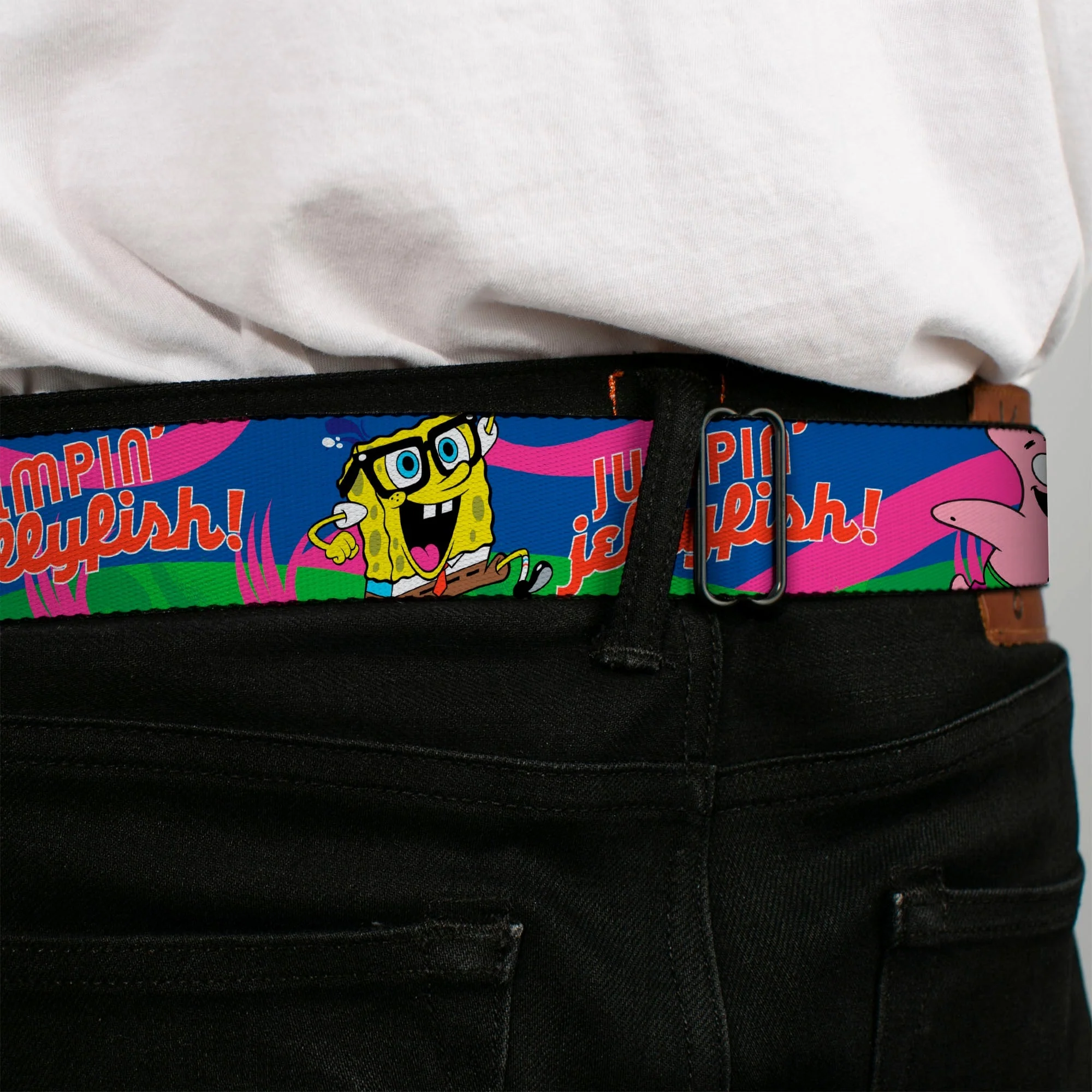 SpongeBob SquarePants Seatbelt Belt SpongeBob Face Close-Up & Patrick Jellyfish Run Multi-Color Red Webbing Adult - Image 4
