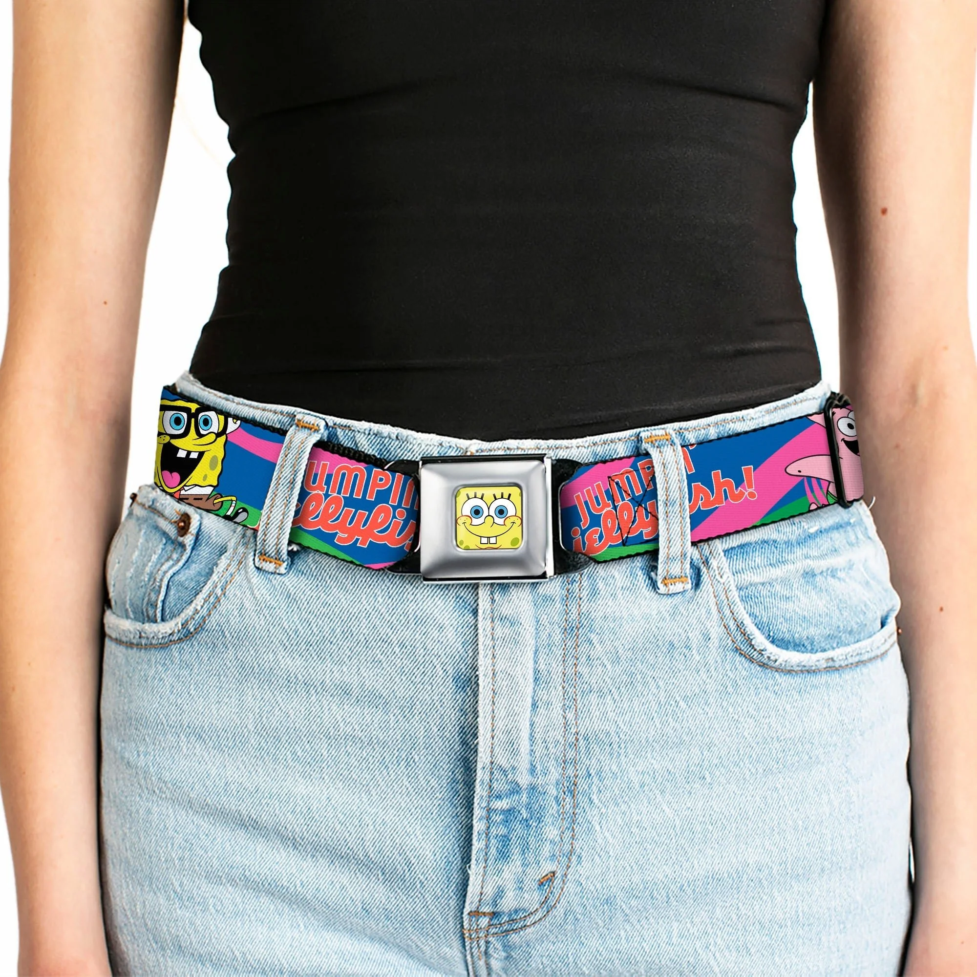 SpongeBob SquarePants Seatbelt Belt SpongeBob Face Close-Up & Patrick Jellyfish Run Multi-Color Red Webbing Adult - Image 5