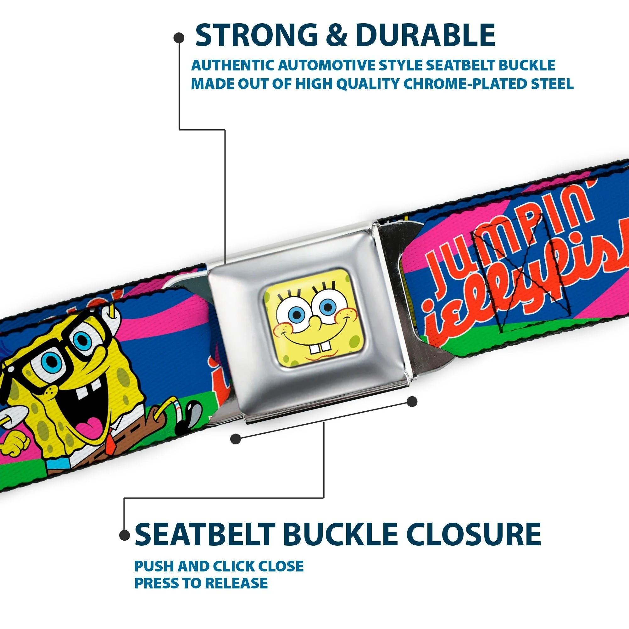 SpongeBob SquarePants Seatbelt Belt SpongeBob Face Close-Up & Patrick Jellyfish Run Multi-Color Red Webbing Adult - Image 7