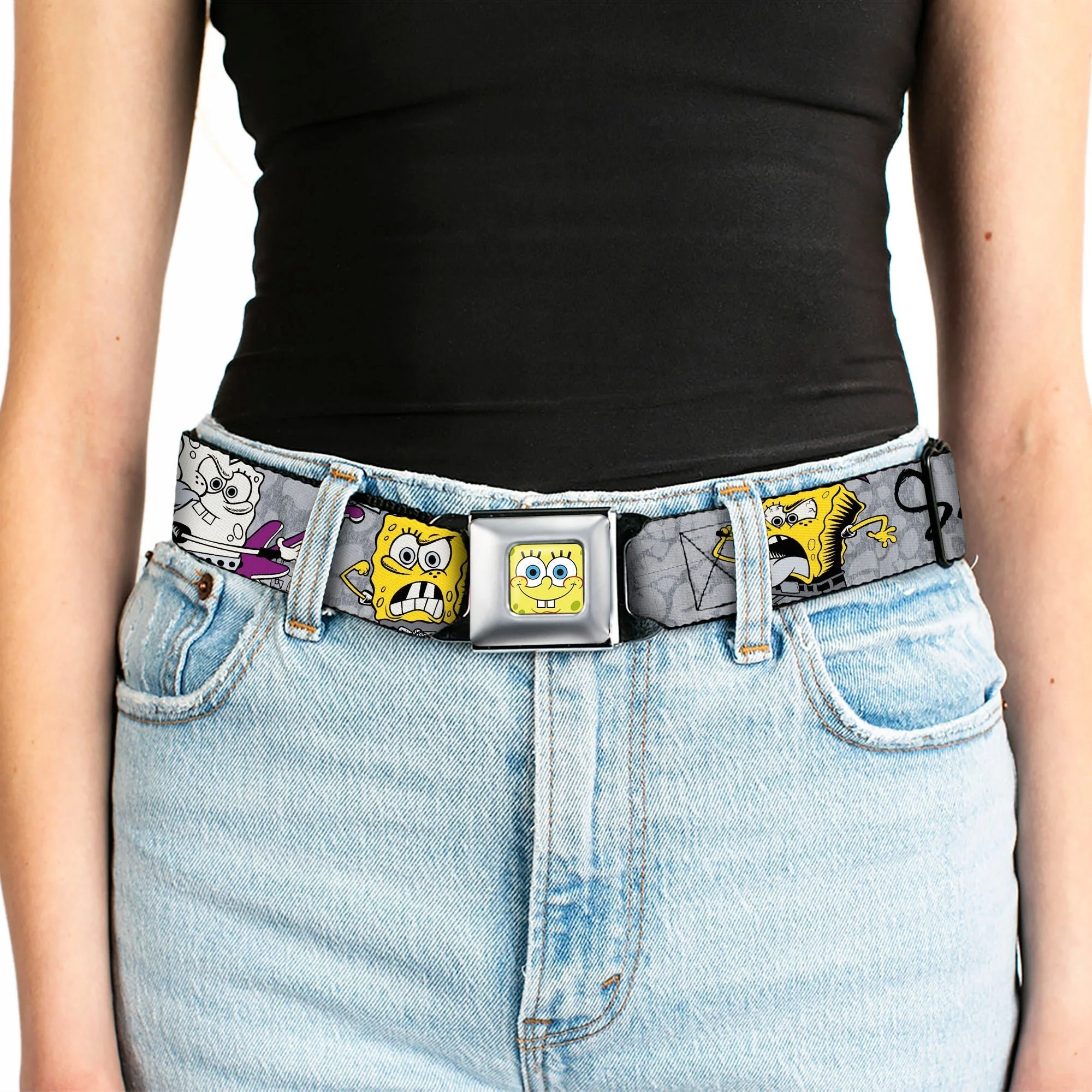 SpongeBob SquarePants Seatbelt Belt Face Close-Up Full Color Design Grays/Black - Image 5
