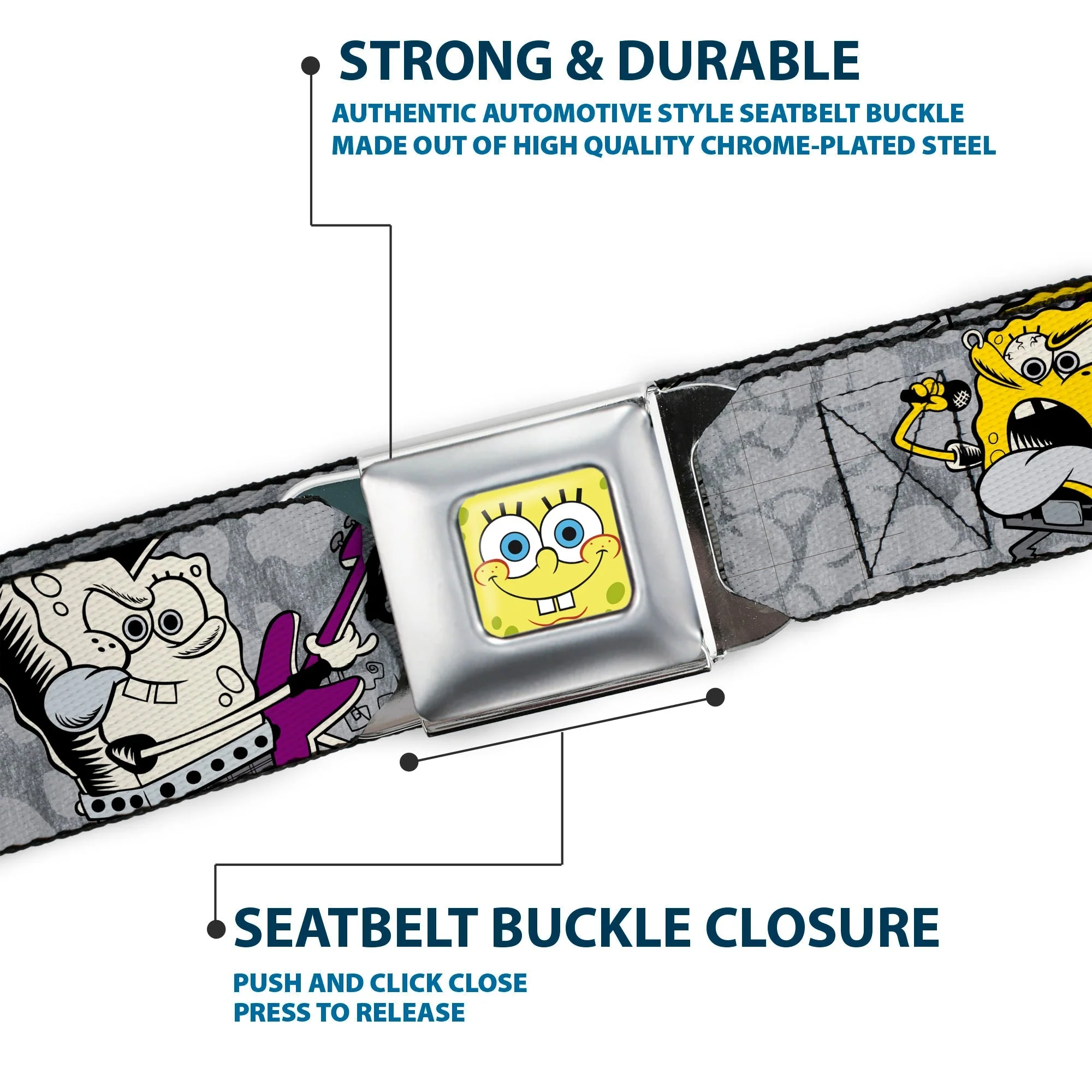 SpongeBob SquarePants Seatbelt Belt Face Close-Up Full Color Design Grays/Black - Image 7