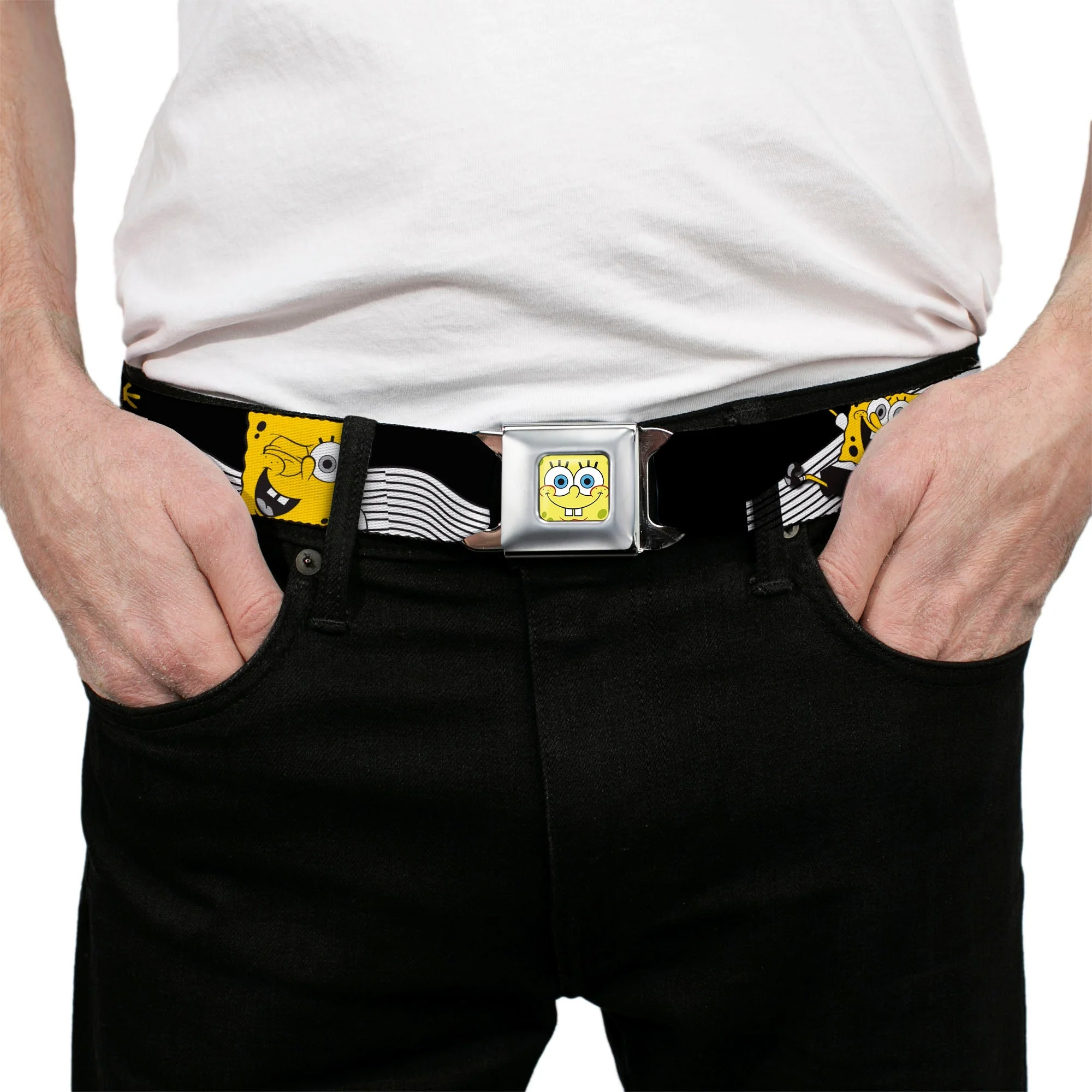 SpongeBob SquarePants Seatbelt Belt Face Close-Up Action Poses Full Color Black White Yellow - Image 3