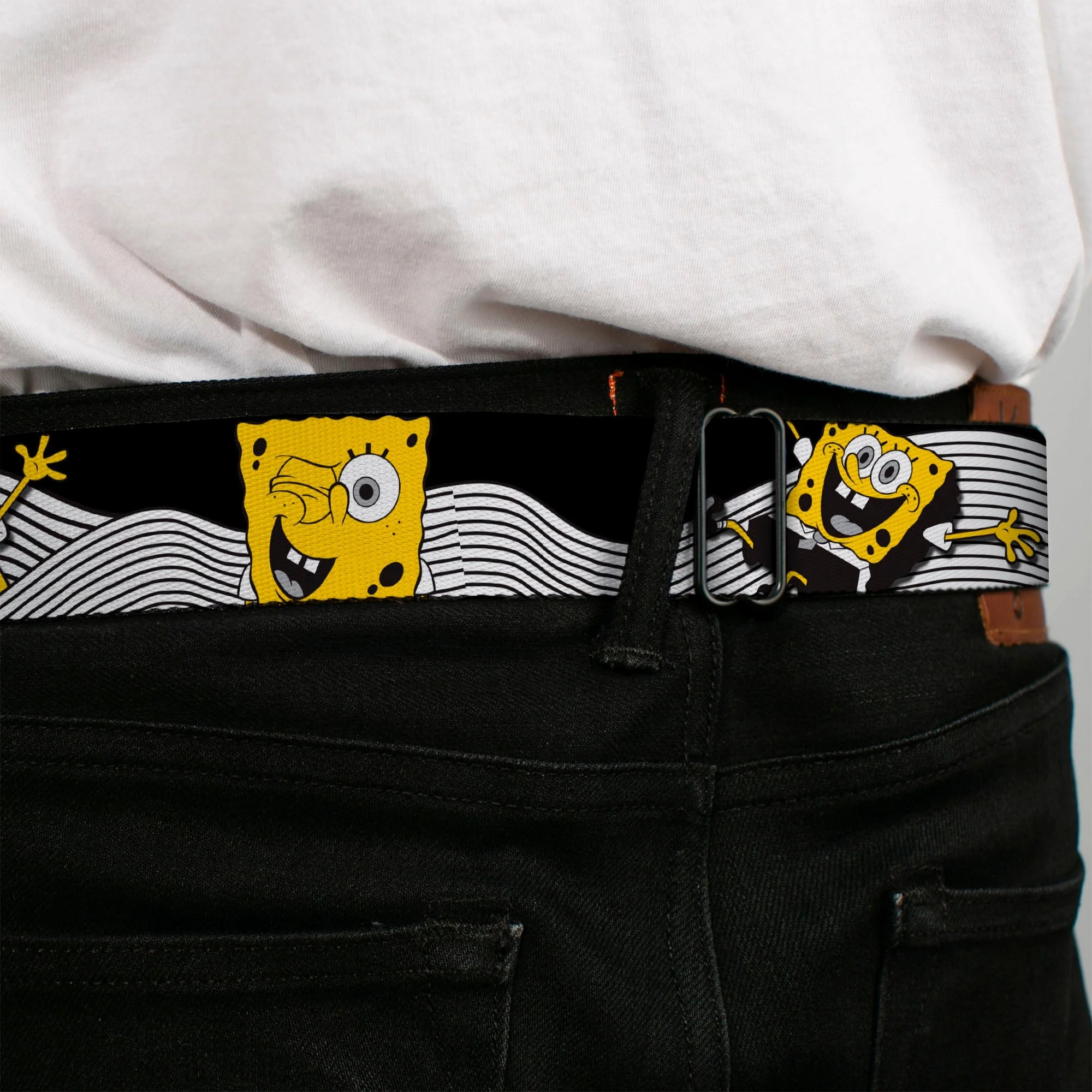 SpongeBob SquarePants Seatbelt Belt Face Close-Up Action Poses Full Color Black White Yellow - Image 4