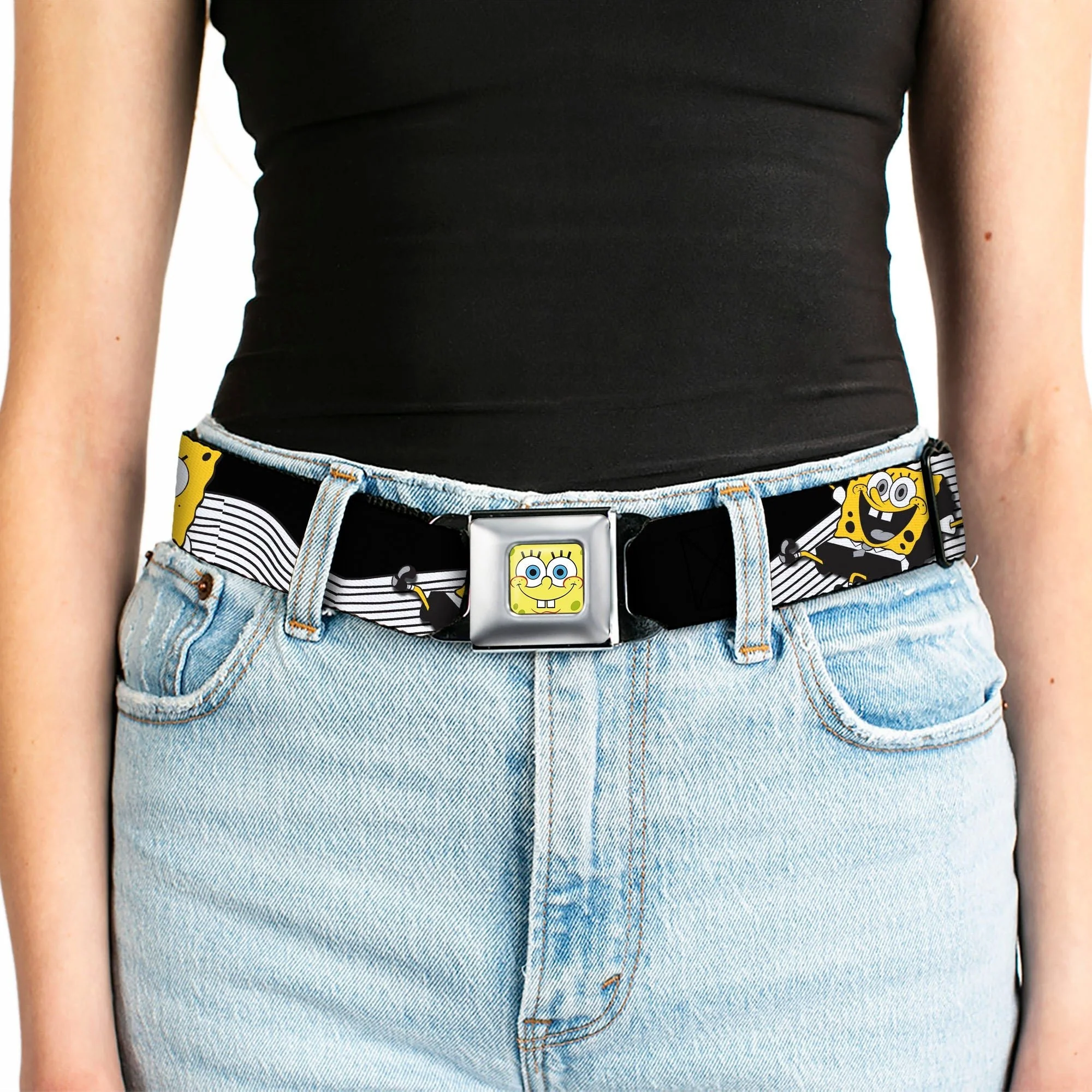 SpongeBob SquarePants Seatbelt Belt Face Close-Up Action Poses Full Color Black White Yellow - Image 5