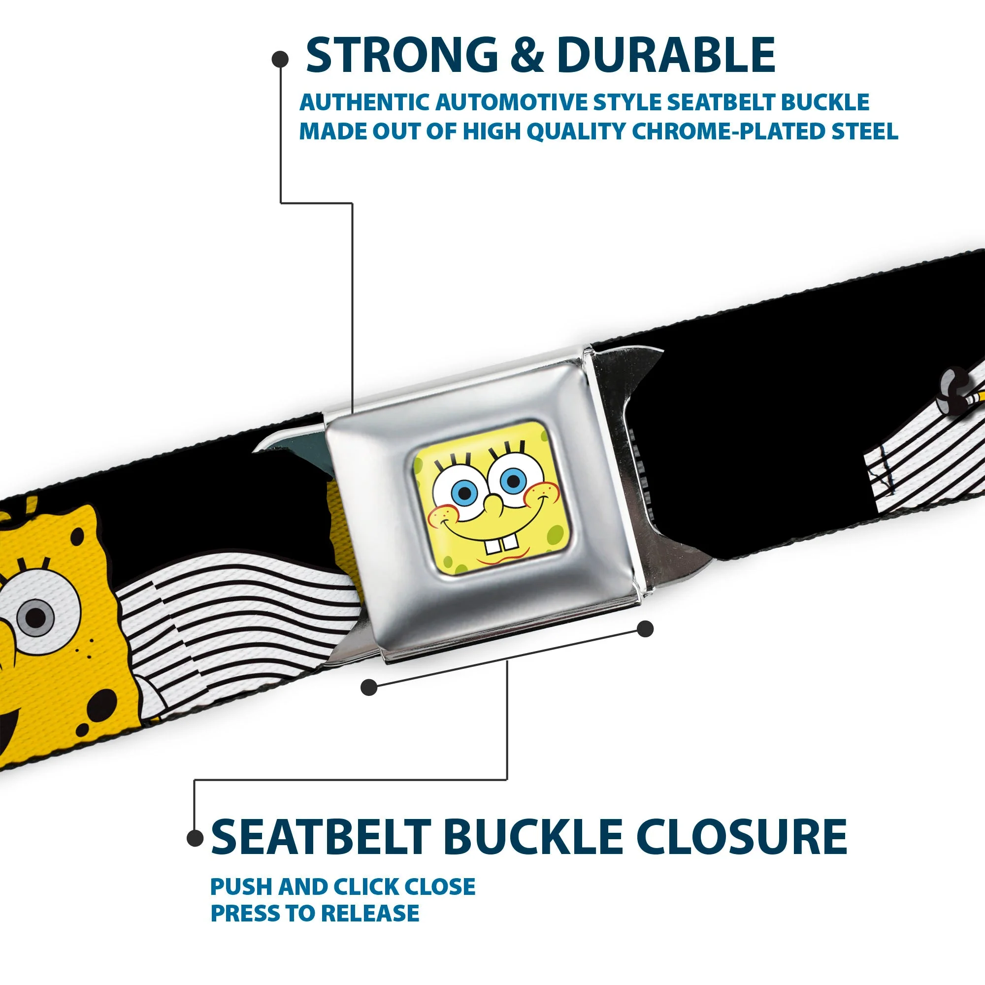 SpongeBob SquarePants Seatbelt Belt Face Close-Up Action Poses Full Color Black White Yellow - Image 7