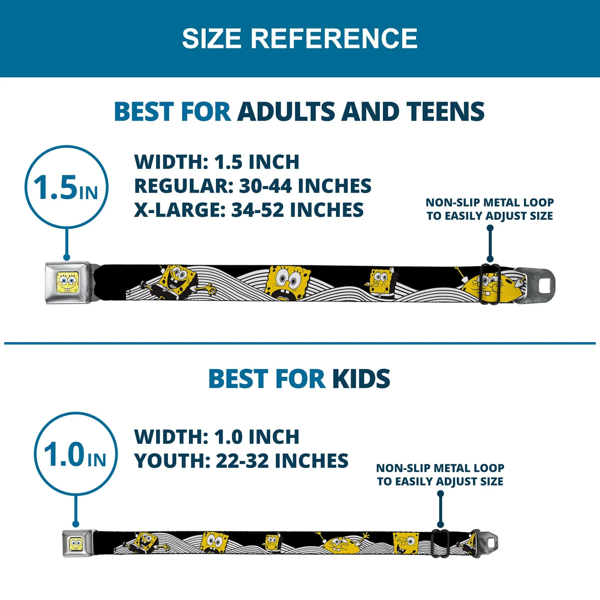 SpongeBob SquarePants Seatbelt Belt Face Close-Up Action Poses Full Color Black White Yellow - Image 8