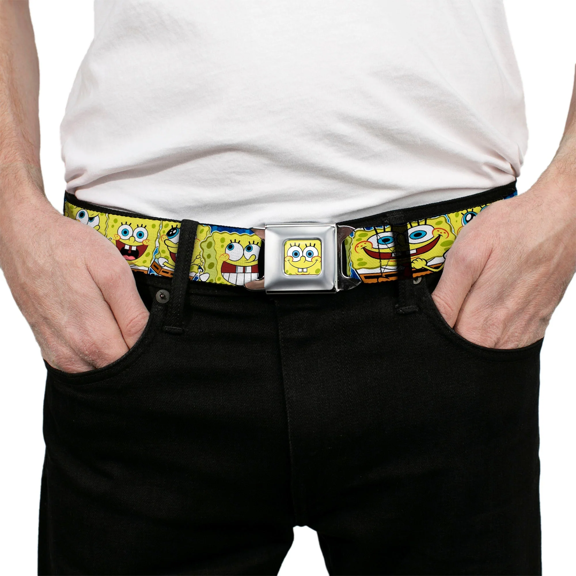 SpongeBob SquarePants Seatbelt Belt Face Close-Up Expressions Stripe Full Color Blue - Image 3