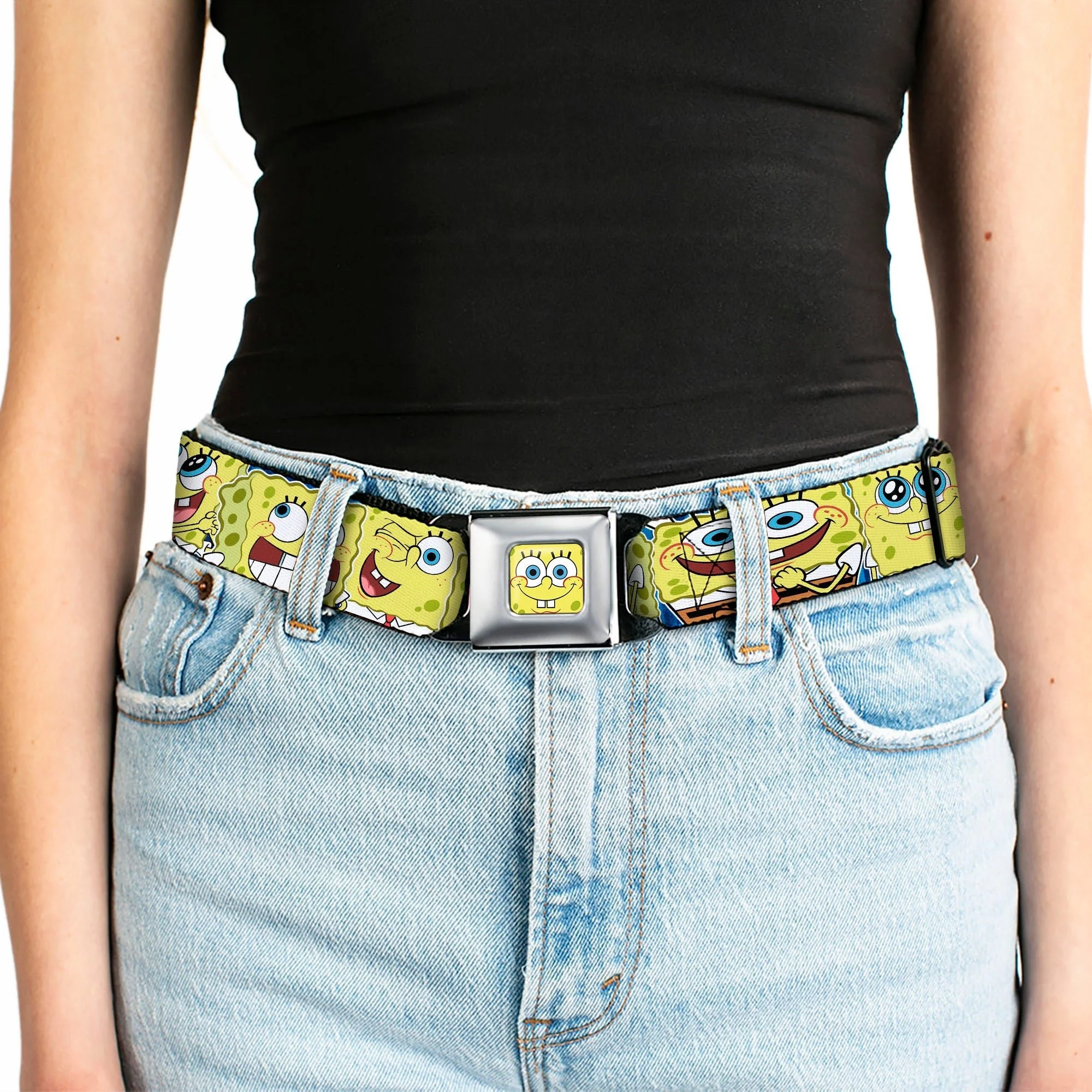 SpongeBob SquarePants Seatbelt Belt Face Close-Up Expressions Stripe Full Color Blue - Image 5