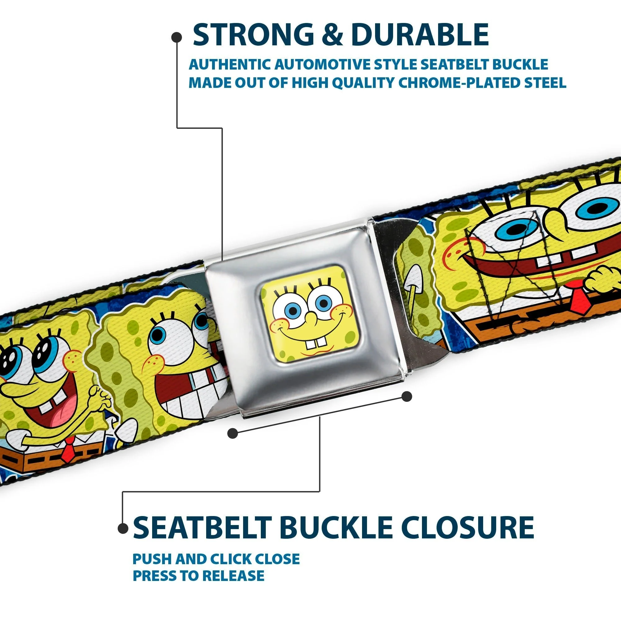 SpongeBob SquarePants Seatbelt Belt Face Close-Up Expressions Stripe Full Color Blue - Image 7