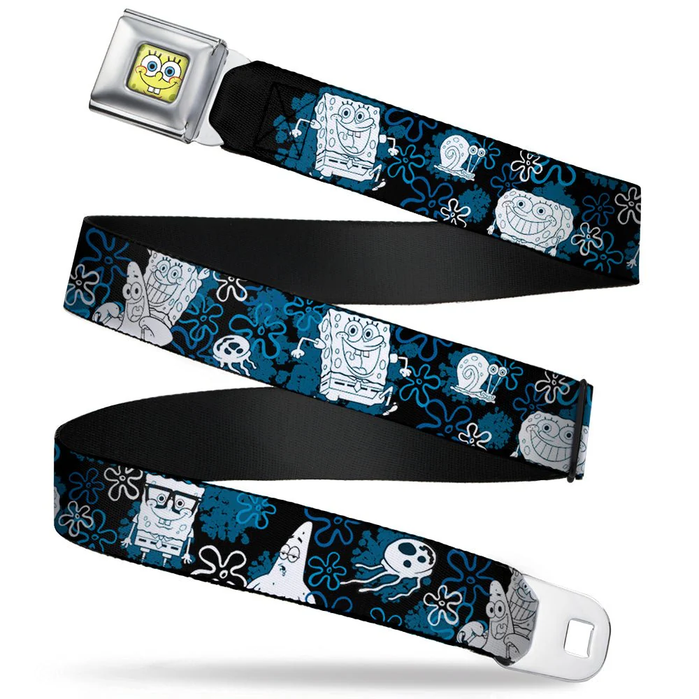 SpongeBob SquarePants Seatbelt Belt Full Color Face Close-Up with Patrick, Gary & Flowers Black Blue White Webbing