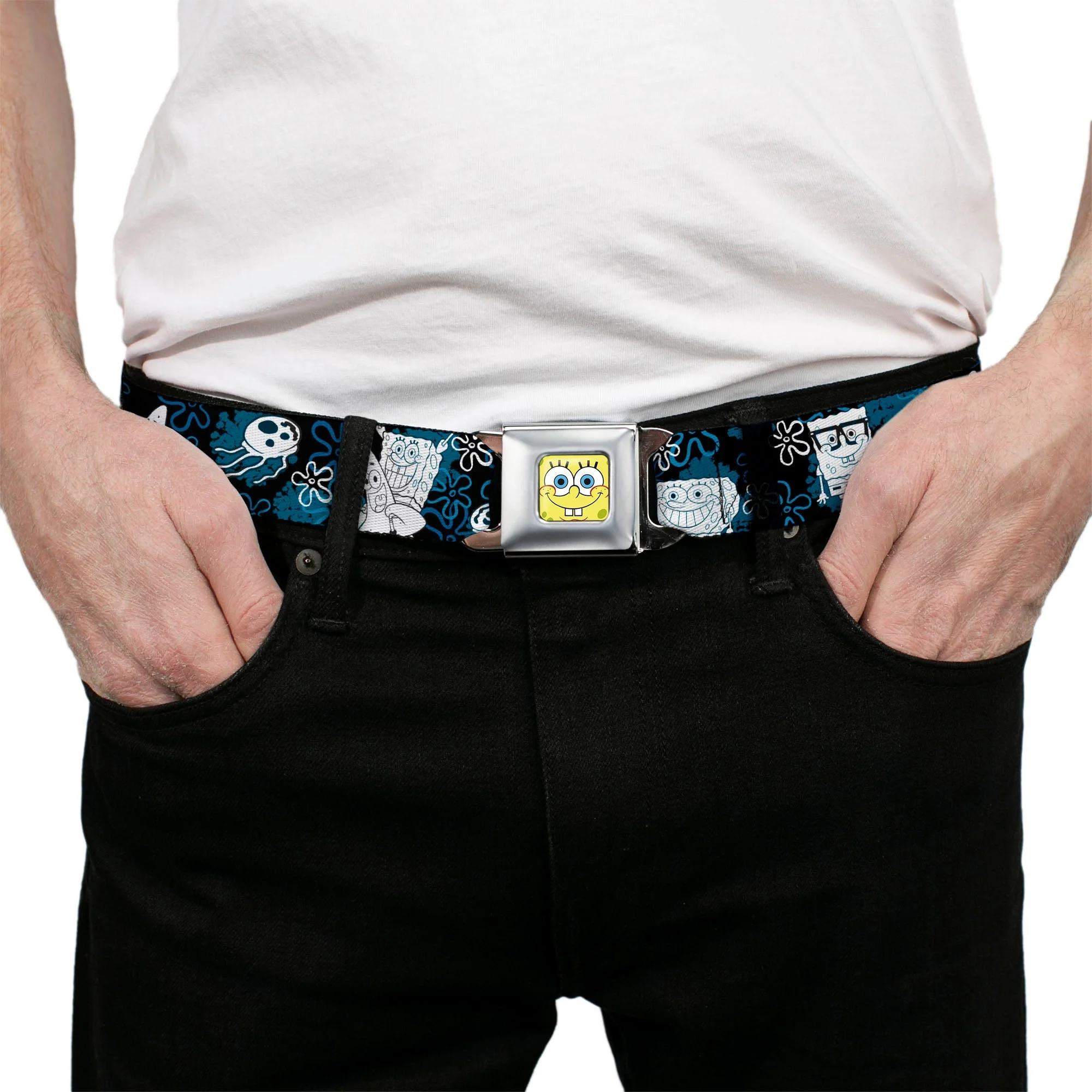 SpongeBob SquarePants Seatbelt Belt Full Color Face Close-Up with Patrick, Gary & Flowers Black Blue White Webbing - Image 3