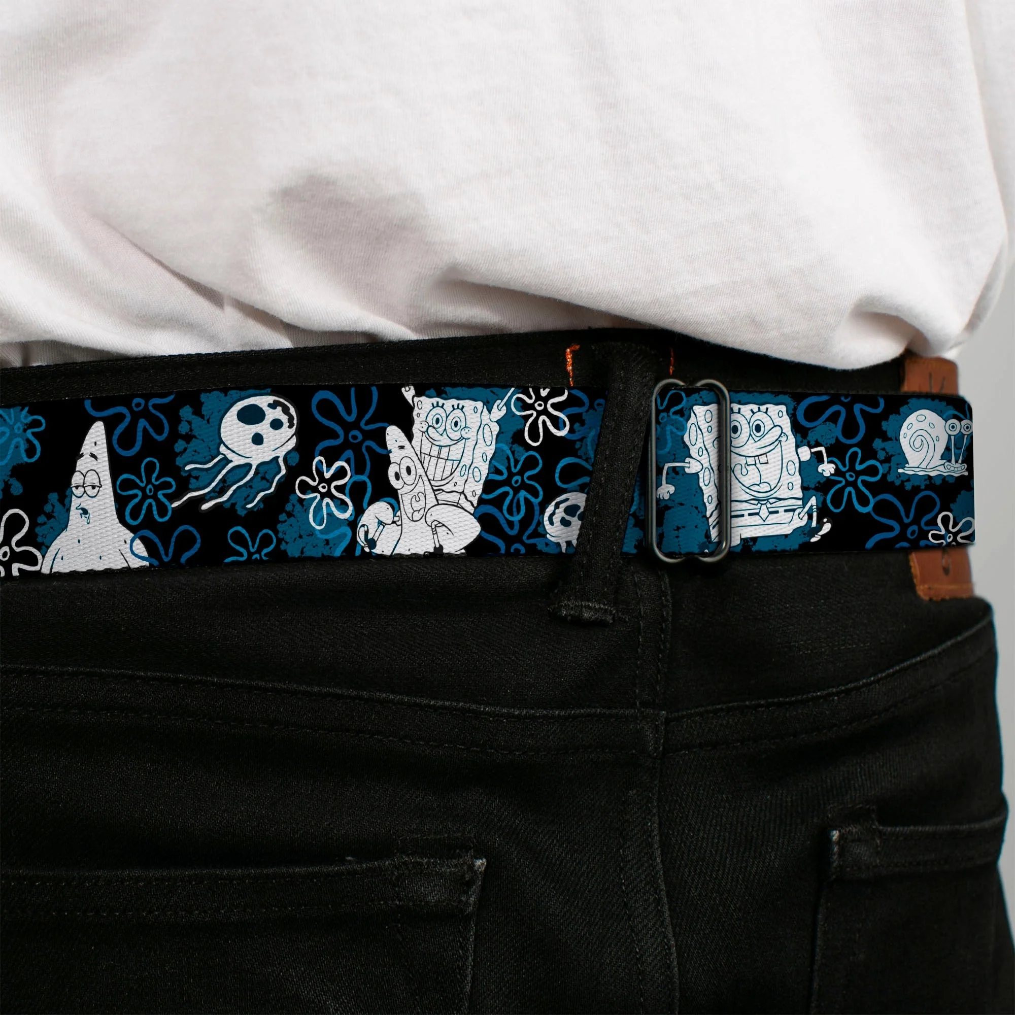SpongeBob SquarePants Seatbelt Belt Full Color Face Close-Up with Patrick, Gary & Flowers Black Blue White Webbing - Image 4