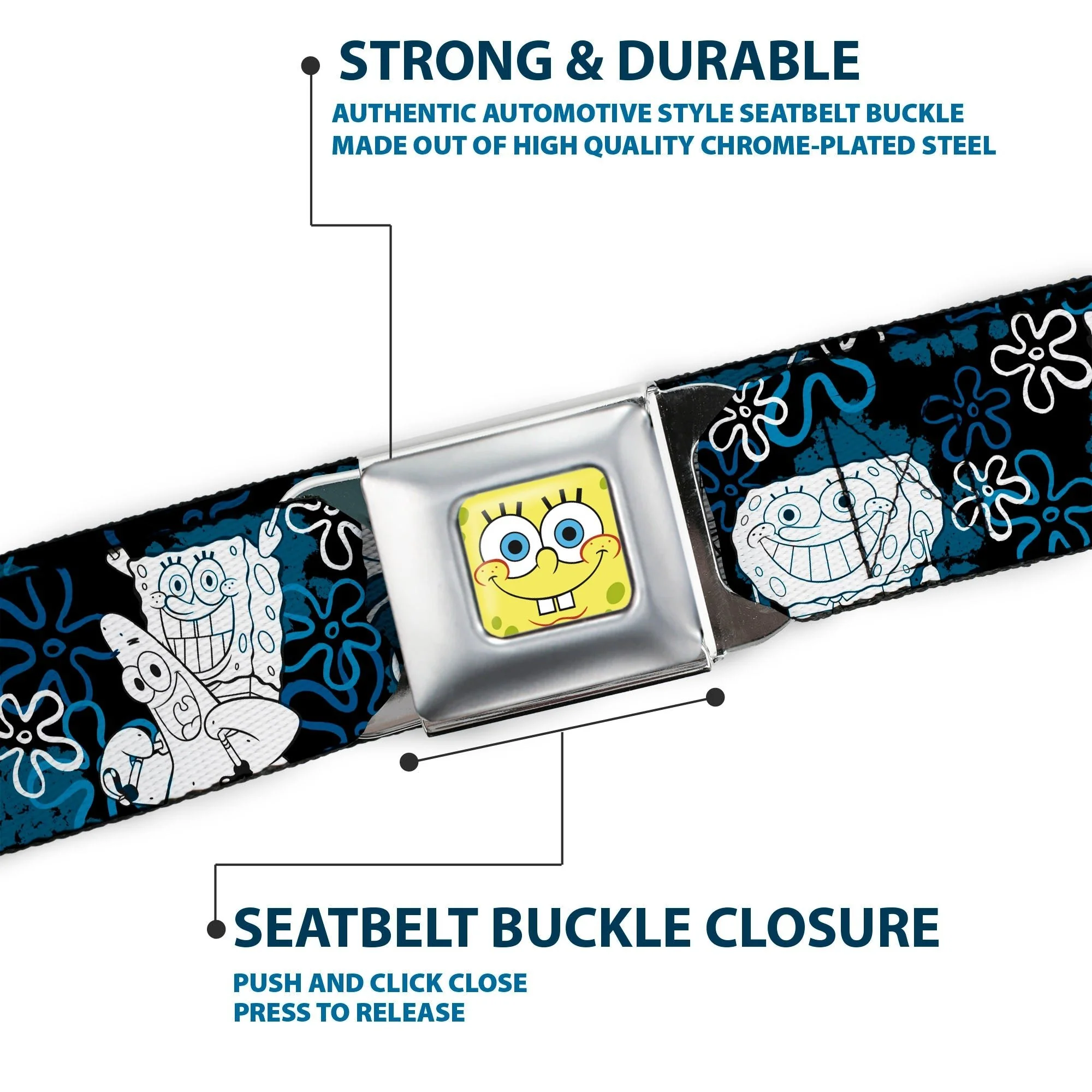 SpongeBob SquarePants Seatbelt Belt Full Color Face Close-Up with Patrick, Gary & Flowers Black Blue White Webbing - Image 7