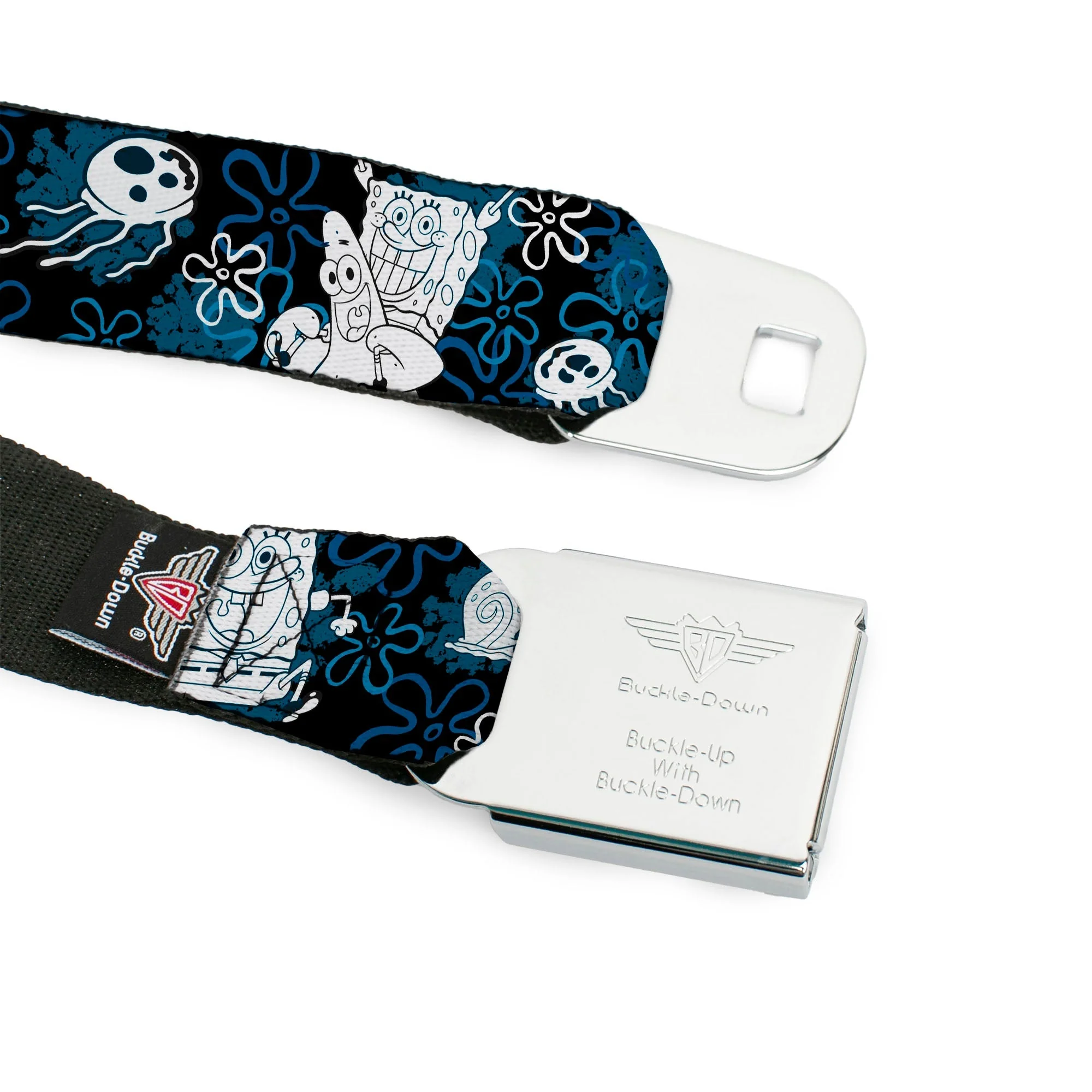 SpongeBob SquarePants Seatbelt Belt Full Color Face Close-Up with Patrick, Gary & Flowers Black Blue White Webbing - Image 9