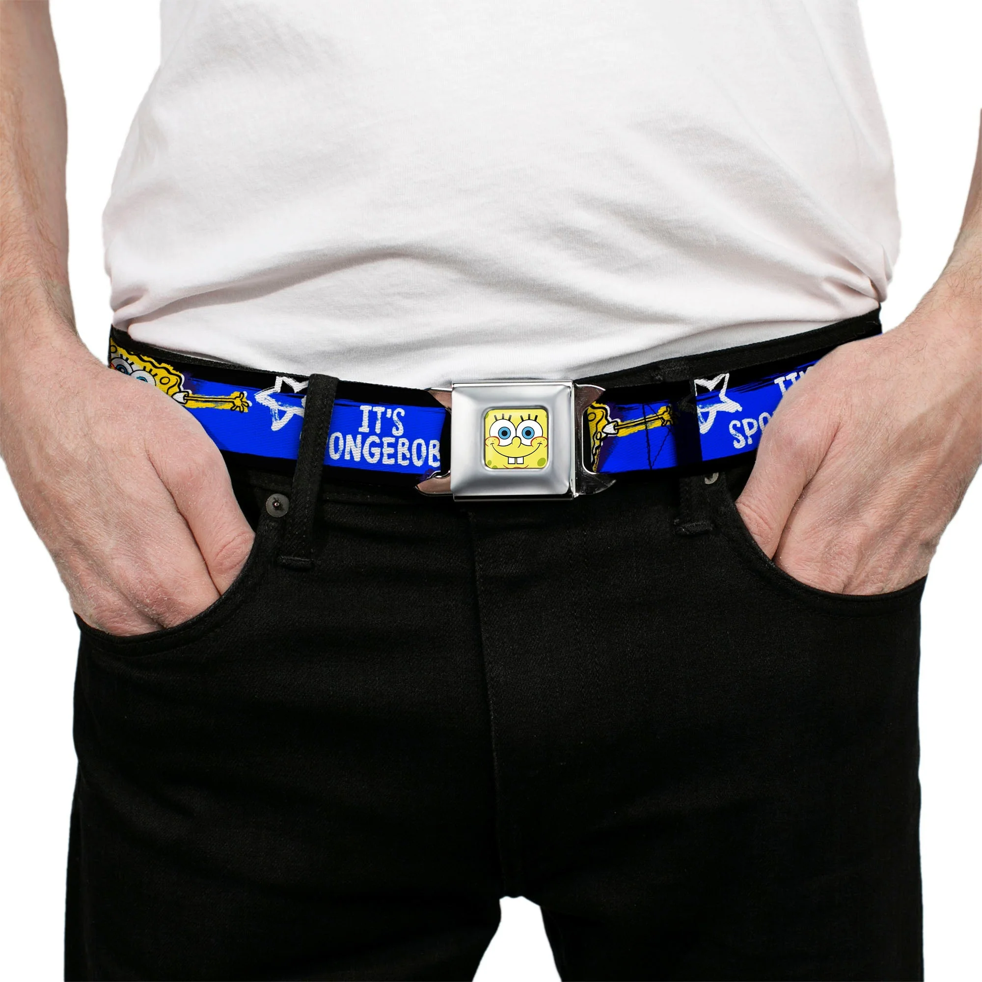 SpongeBob SquarePants Seatbelt Belt Face Close-Up Stripe Full Color Black Blue White - Image 3