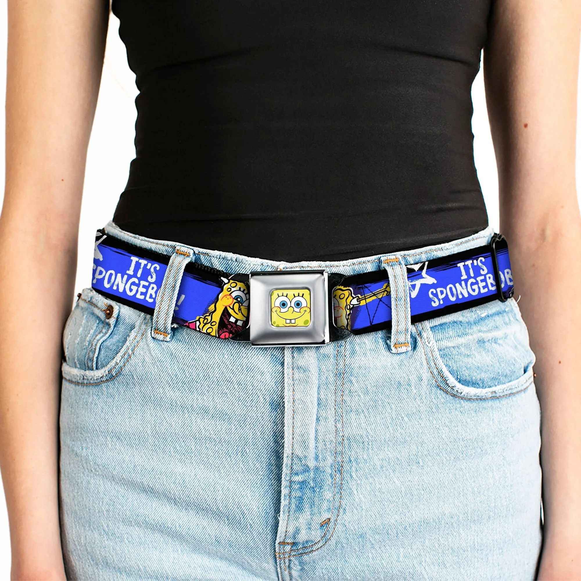 SpongeBob SquarePants Seatbelt Belt Face Close-Up Stripe Full Color Black Blue White - Image 5