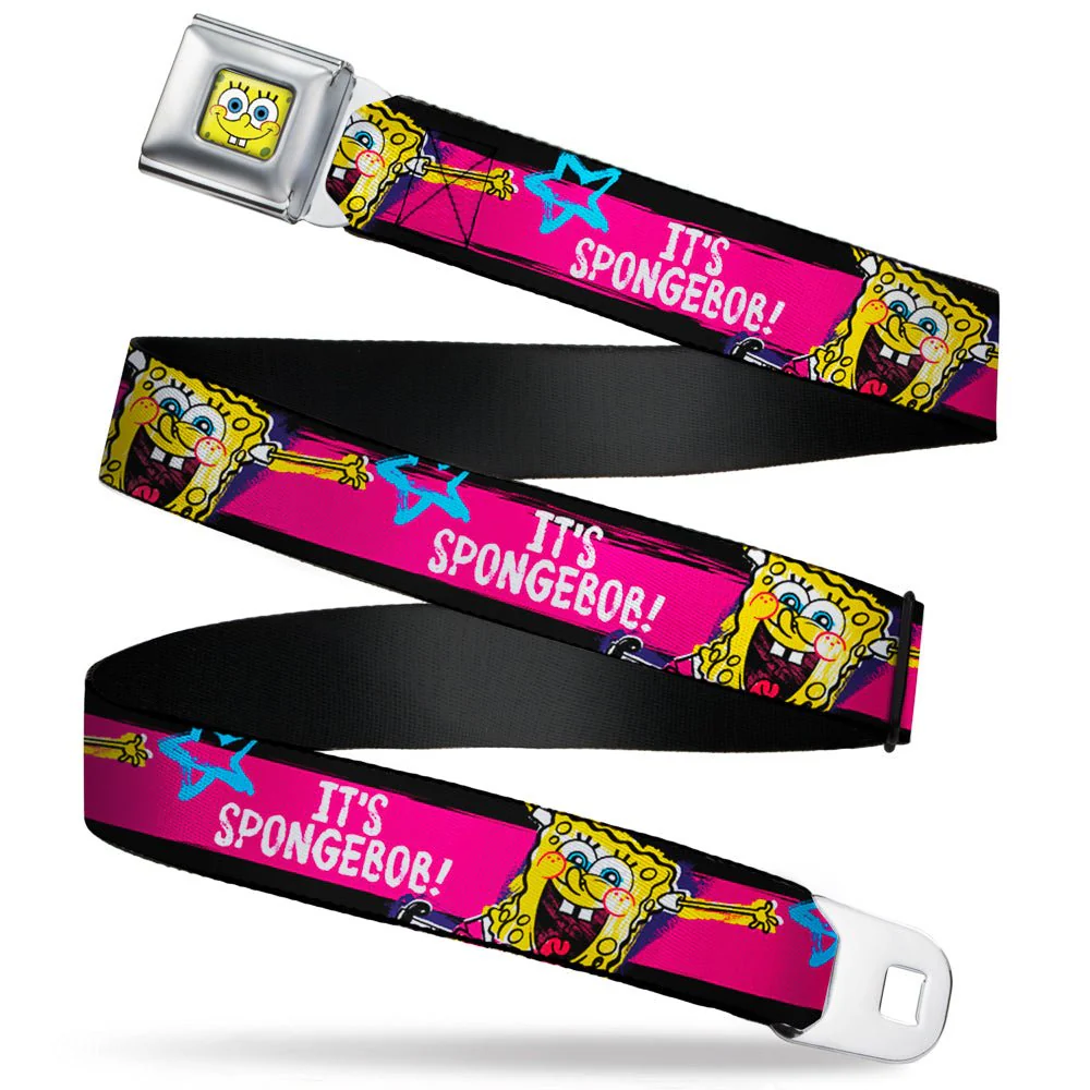 SpongeBob SquarePants Seatbelt Belt Face Close-Up Full Color Stripe Black/Pink/Blue/White
